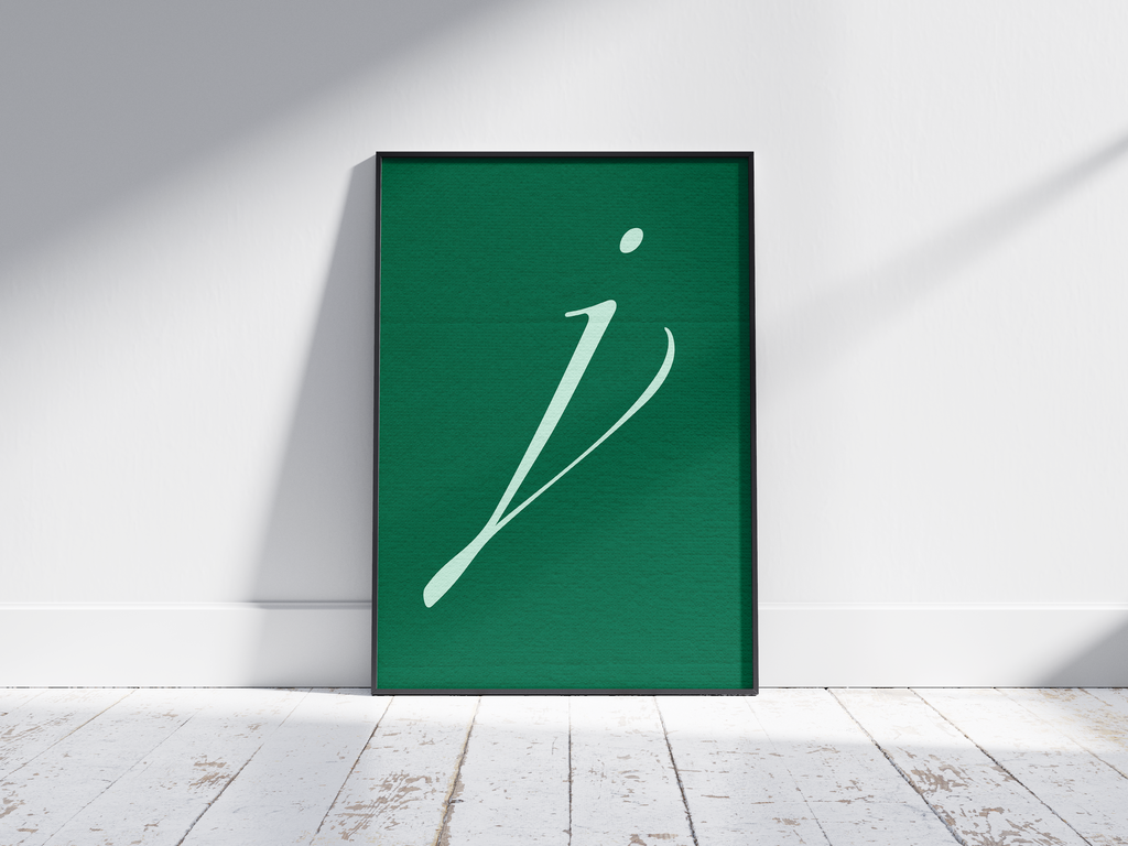 Elegant and flowing calligraphy alphabet letter J poster, featuring a striking white script 'j' on a deep forest-green background. Perfect sophisticated wall art for offices, libraries, or gallery walls with a classic, artistic, and refined aesthetic.