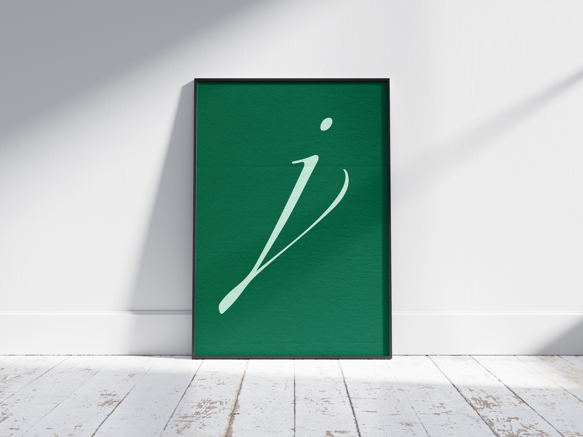 Elegant and flowing calligraphy alphabet letter J poster, featuring a striking white script 'j' on a deep forest-green background. Perfect sophisticated wall art for offices, libraries, or gallery walls with a classic, artistic, and refined aesthetic.
