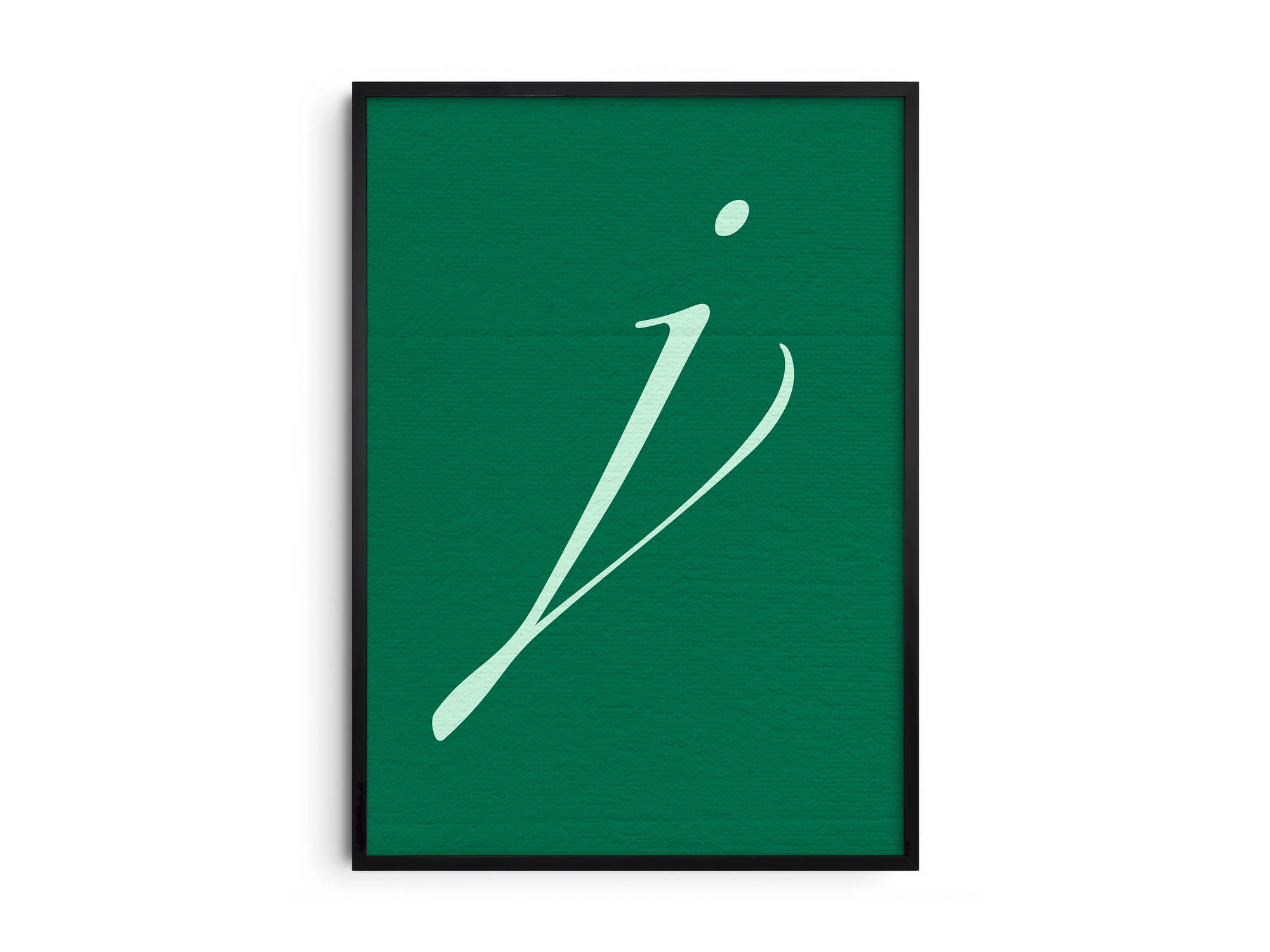 Elegant and flowing calligraphy alphabet letter J poster, featuring a striking white script 'j' on a deep forest-green background. Perfect sophisticated wall art for offices, libraries, or gallery walls with a classic, artistic, and refined aesthetic.