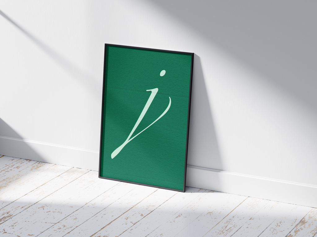 Elegant and flowing calligraphy alphabet letter J poster, featuring a striking white script 'j' on a deep forest-green background. Perfect sophisticated wall art for offices, libraries, or gallery walls with a classic, artistic, and refined aesthetic.