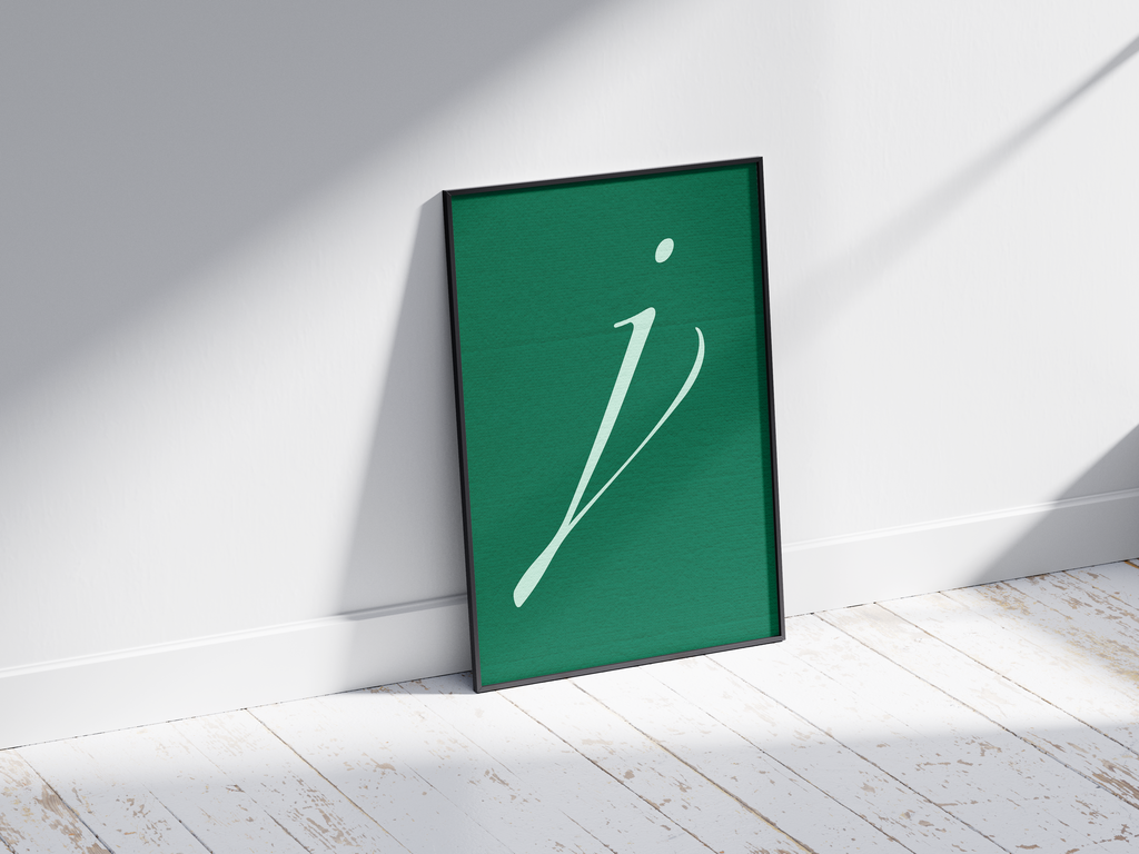 Elegant and flowing calligraphy alphabet letter J poster, featuring a striking white script 'j' on a deep forest-green background. Perfect sophisticated wall art for offices, libraries, or gallery walls with a classic, artistic, and refined aesthetic.