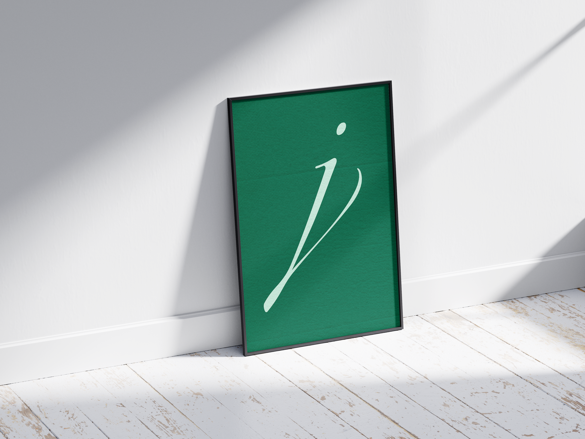 Elegant and flowing calligraphy alphabet letter J poster, featuring a striking white script 'j' on a deep forest-green background. Perfect sophisticated wall art for offices, libraries, or gallery walls with a classic, artistic, and refined aesthetic.