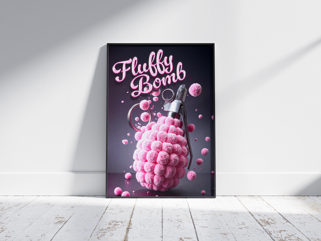 Vibrant "Fluffy Bomb" pink explosion art poster featuring a unique grenade-like object emitting pink fluffy spheres, printed on semi-gloss sustainable paper. Perfect wall art for modern spaces, teen rooms, or anyone seeking quirky and playful decor.