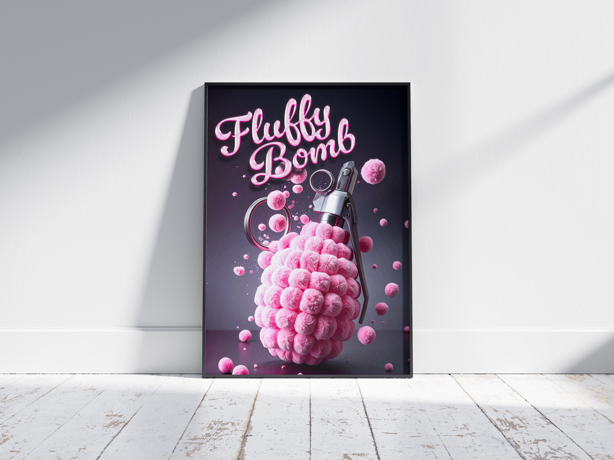 Vibrant "Fluffy Bomb" pink explosion art poster featuring a unique grenade-like object emitting pink fluffy spheres, printed on semi-gloss sustainable paper. Perfect wall art for modern spaces, teen rooms, or anyone seeking quirky and playful decor.