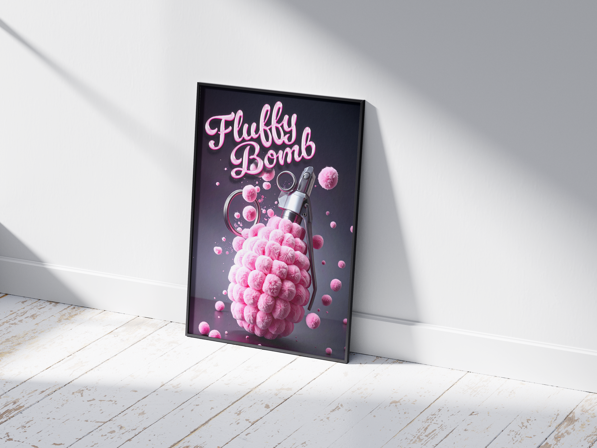 Vibrant "Fluffy Bomb" pink explosion art poster featuring a unique grenade-like object emitting pink fluffy spheres, printed on semi-gloss sustainable paper. Perfect wall art for modern spaces, teen rooms, or anyone seeking quirky and playful decor.