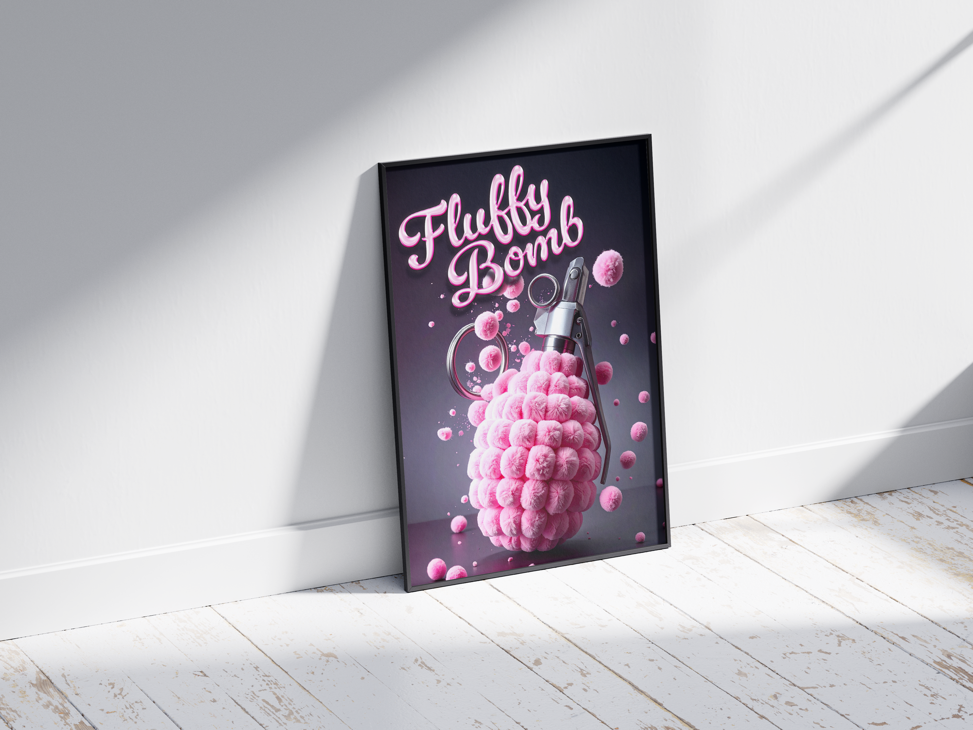 Vibrant "Fluffy Bomb" pink explosion art poster featuring a unique grenade-like object emitting pink fluffy spheres, printed on semi-gloss sustainable paper. Perfect wall art for modern spaces, teen rooms, or anyone seeking quirky and playful decor.