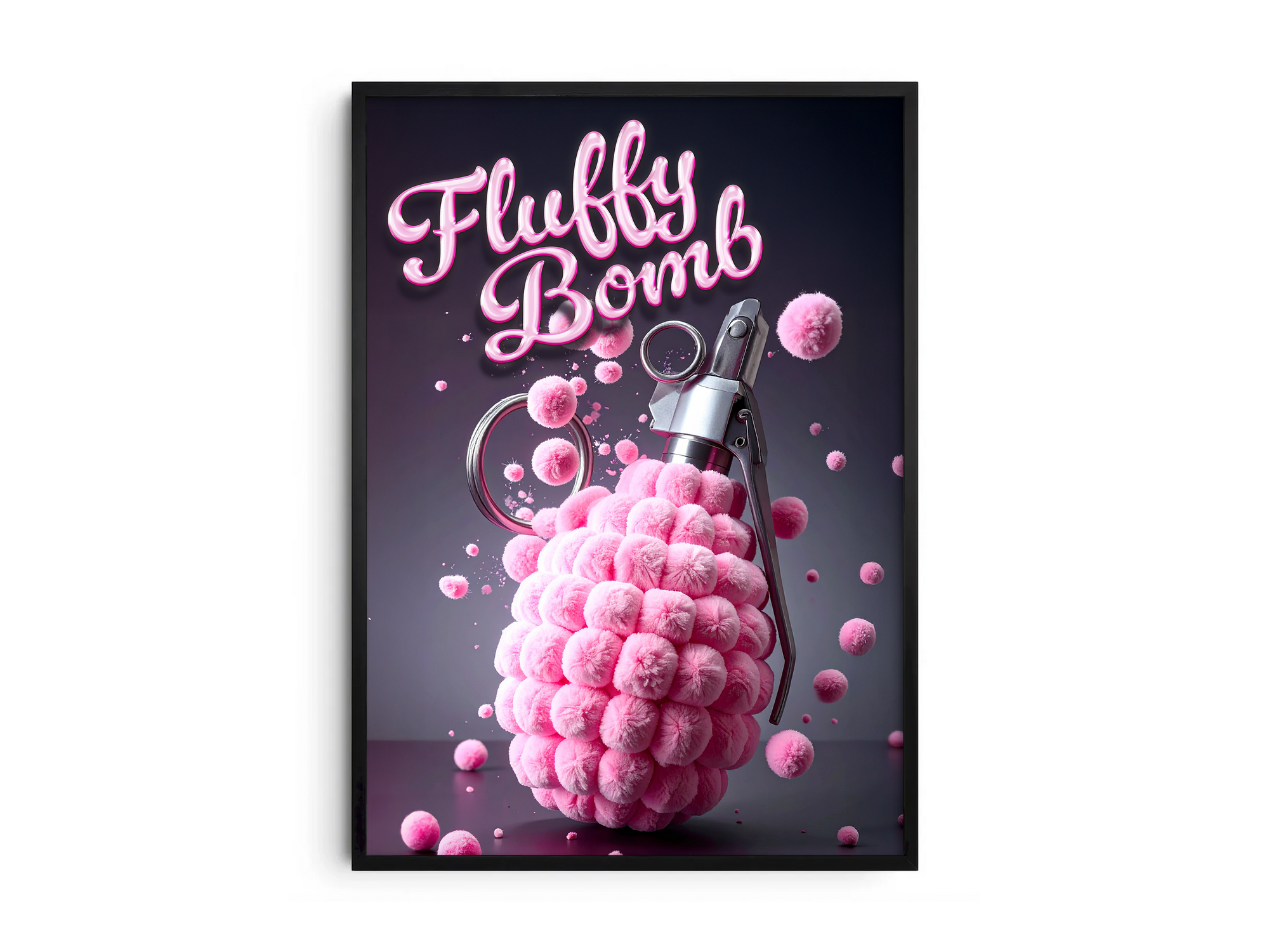 Vibrant "Fluffy Bomb" pink explosion art poster featuring a unique grenade-like object emitting pink fluffy spheres, printed on semi-gloss sustainable paper. Perfect wall art for modern spaces, teen rooms, or anyone seeking quirky and playful decor.