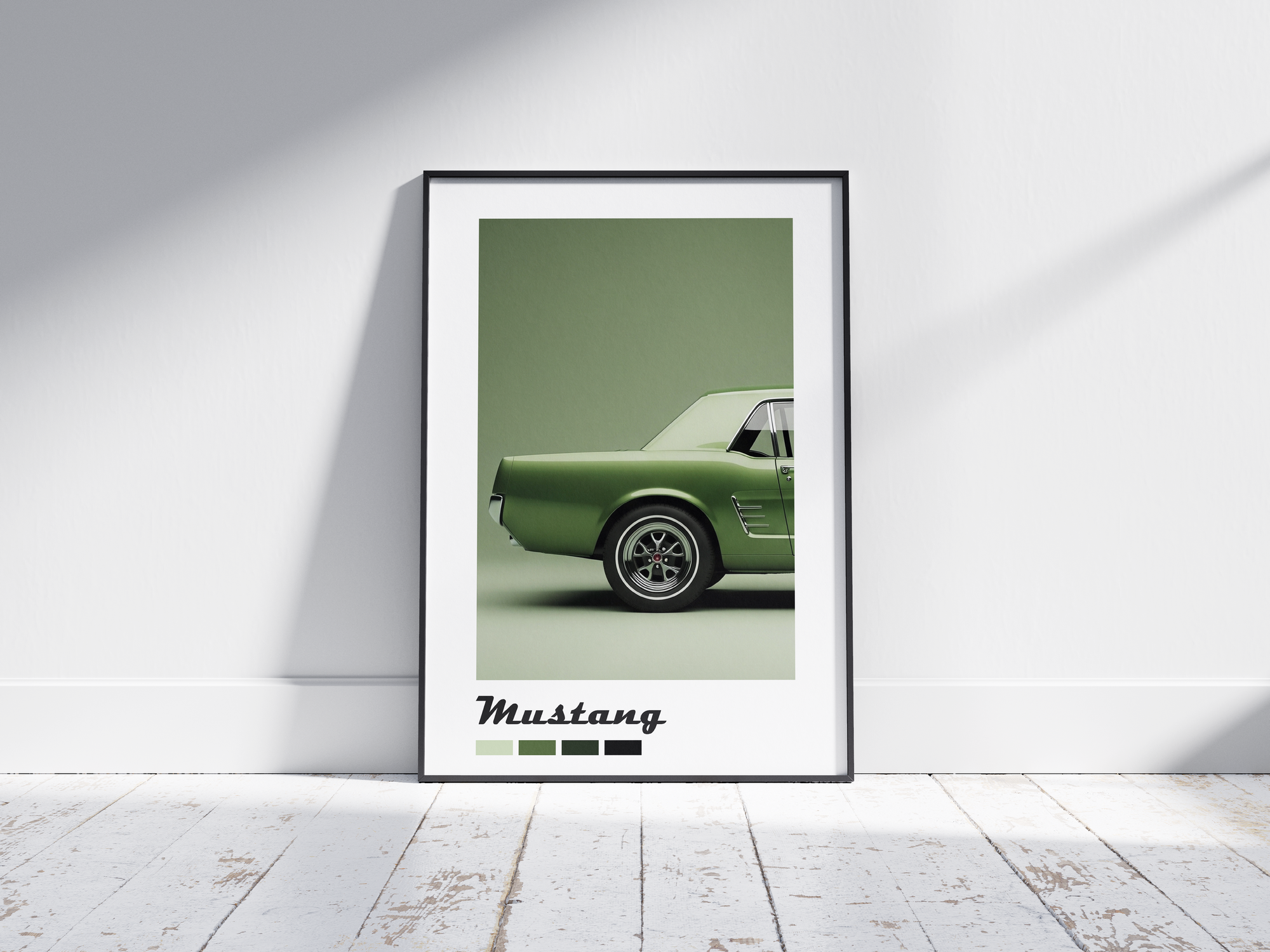 Detailed Ford Mustang car poster featuring a classic illustration in dynamic tones, printed on semi-gloss sustainable paper. Perfect wall art for garages, offices, or modern interiors with a bold and energetic aesthetic.