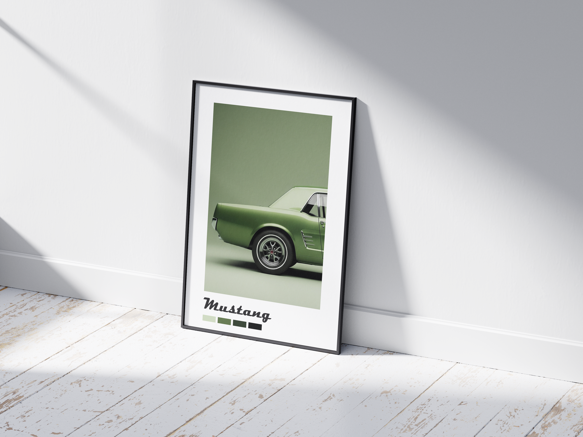 Detailed Ford Mustang car poster featuring a classic illustration in dynamic tones, printed on semi-gloss sustainable paper. Perfect wall art for garages, offices, or modern interiors with a bold and energetic aesthetic.