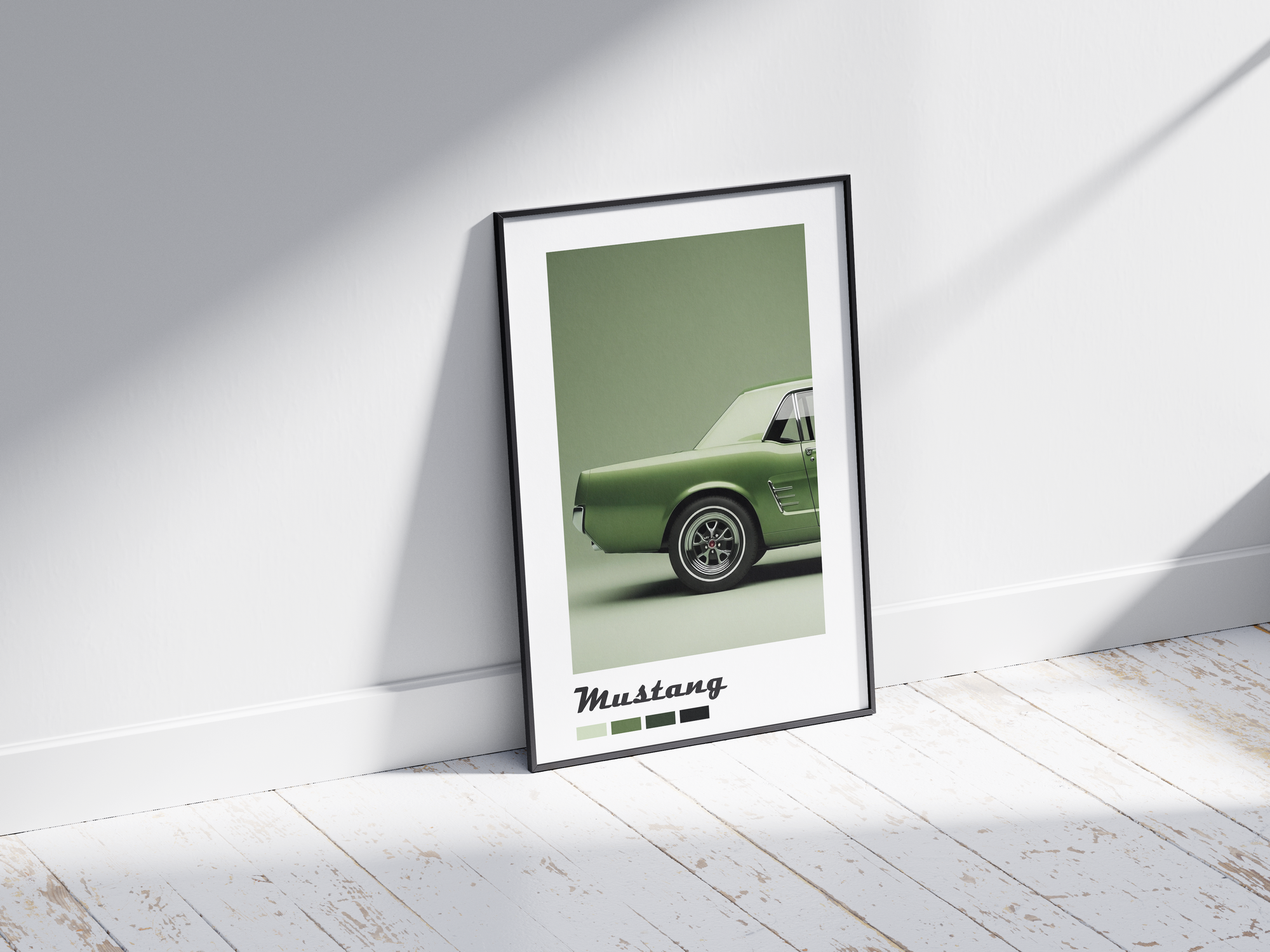 Detailed Ford Mustang car poster featuring a classic illustration in dynamic tones, printed on semi-gloss sustainable paper. Perfect wall art for garages, offices, or modern interiors with a bold and energetic aesthetic.