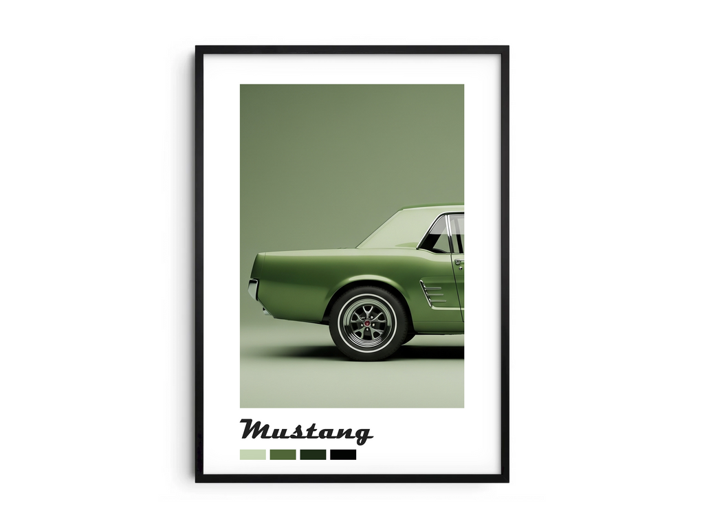 Detailed Ford Mustang car poster featuring a classic illustration in dynamic tones, printed on semi-gloss sustainable paper. Perfect wall art for garages, offices, or modern interiors with a bold and energetic aesthetic.