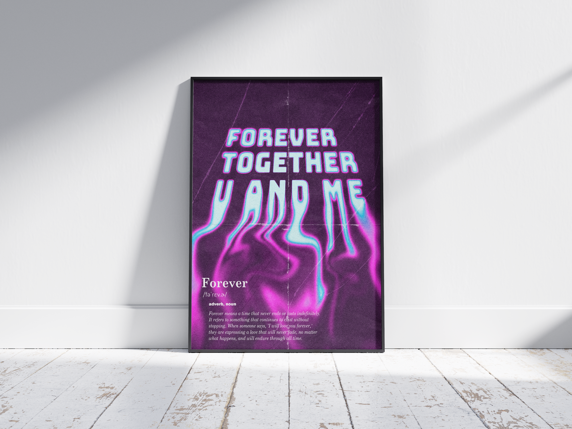 Vibrant "Forever Together U AND ME" abstract art print featuring flowing purple and blue gradients, printed on semi-gloss paper. Ideal wall art for contemporary living spaces, bedrooms, or as a meaningful gift celebrating connection.