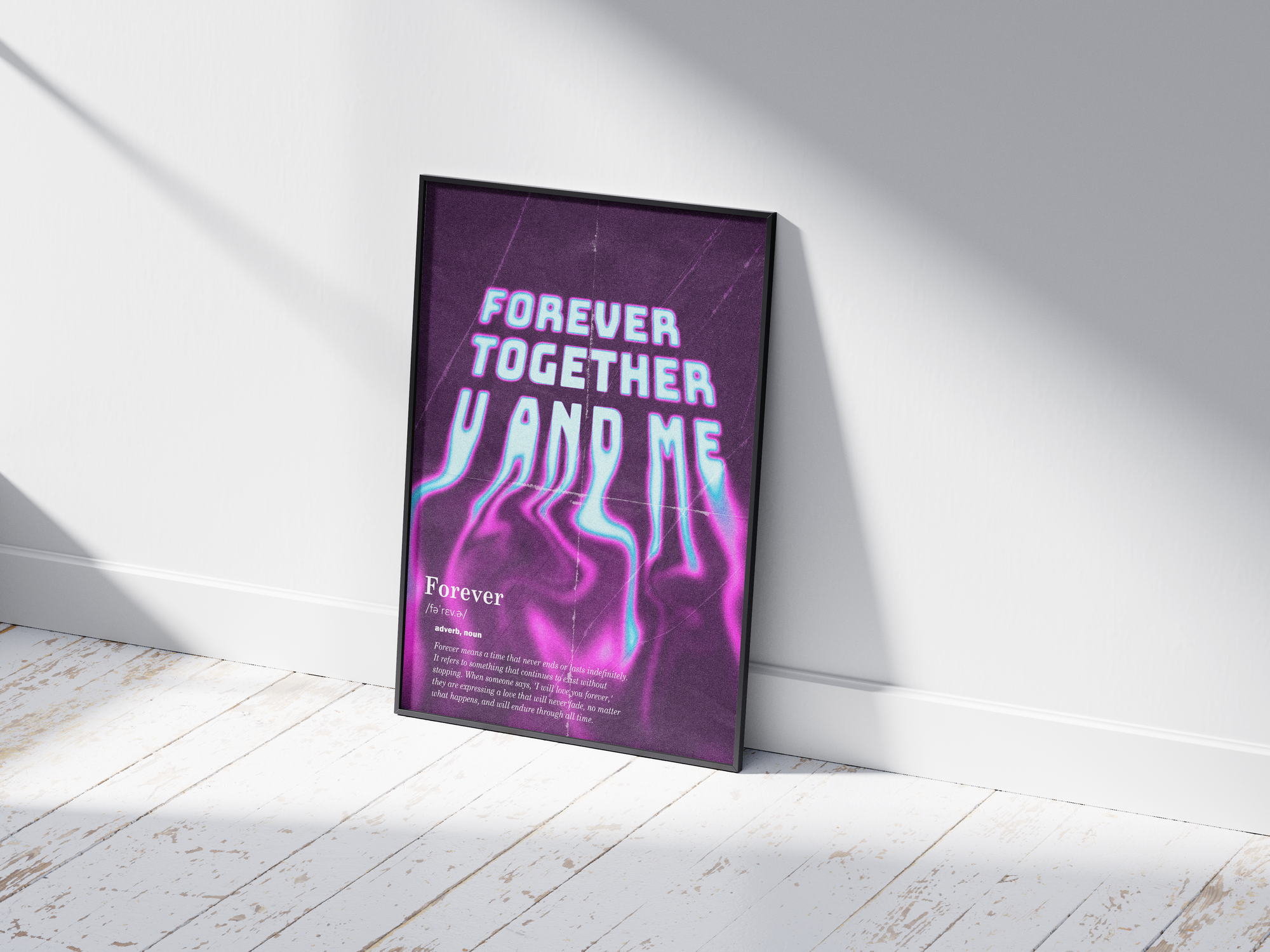 Vibrant "Forever Together U AND ME" abstract art print featuring flowing purple and blue gradients, printed on semi-gloss paper. Ideal wall art for contemporary living spaces, bedrooms, or as a meaningful gift celebrating connection.