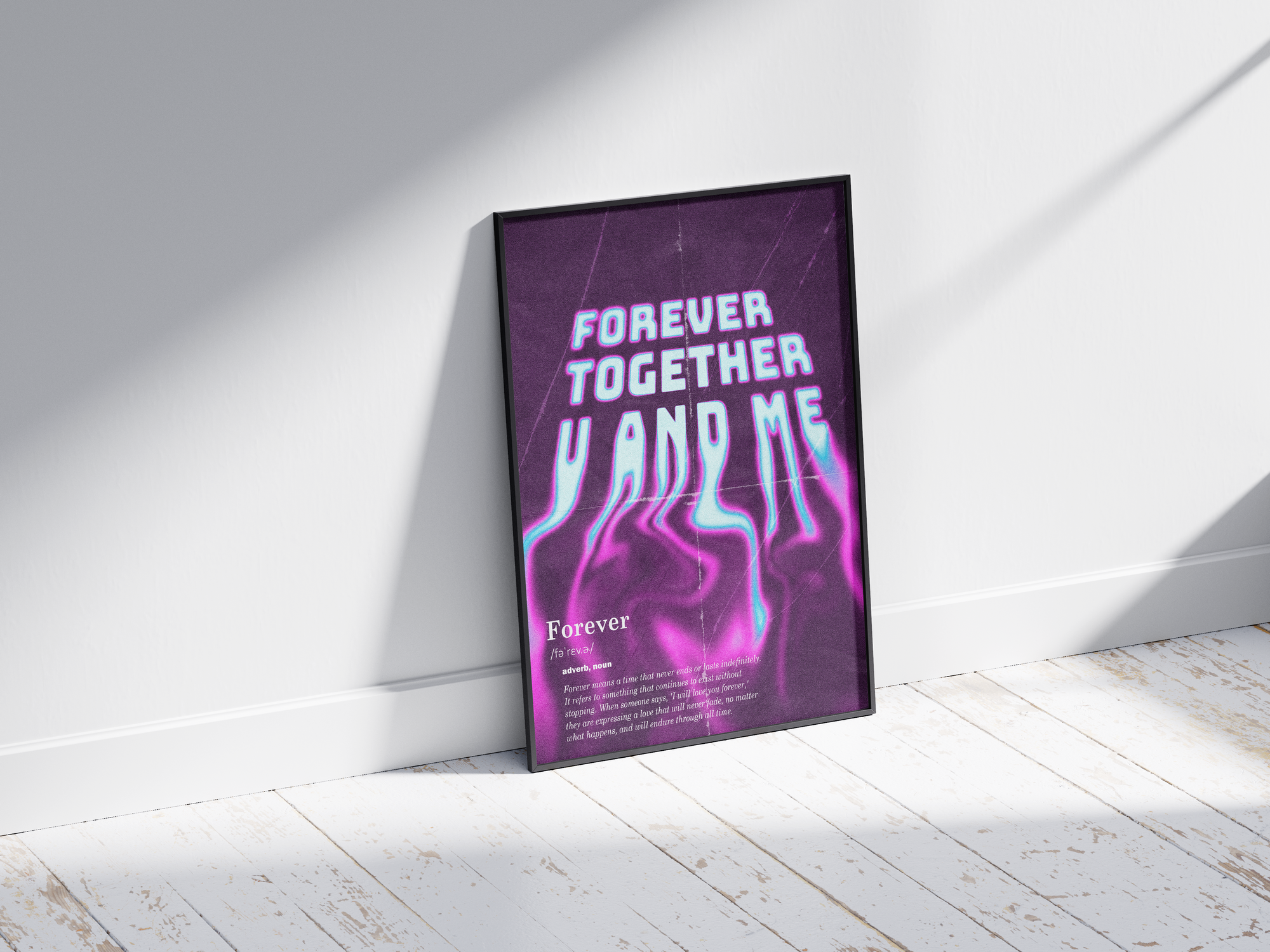 Vibrant "Forever Together U AND ME" abstract art print featuring flowing purple and blue gradients, printed on semi-gloss paper. Ideal wall art for contemporary living spaces, bedrooms, or as a meaningful gift celebrating connection.