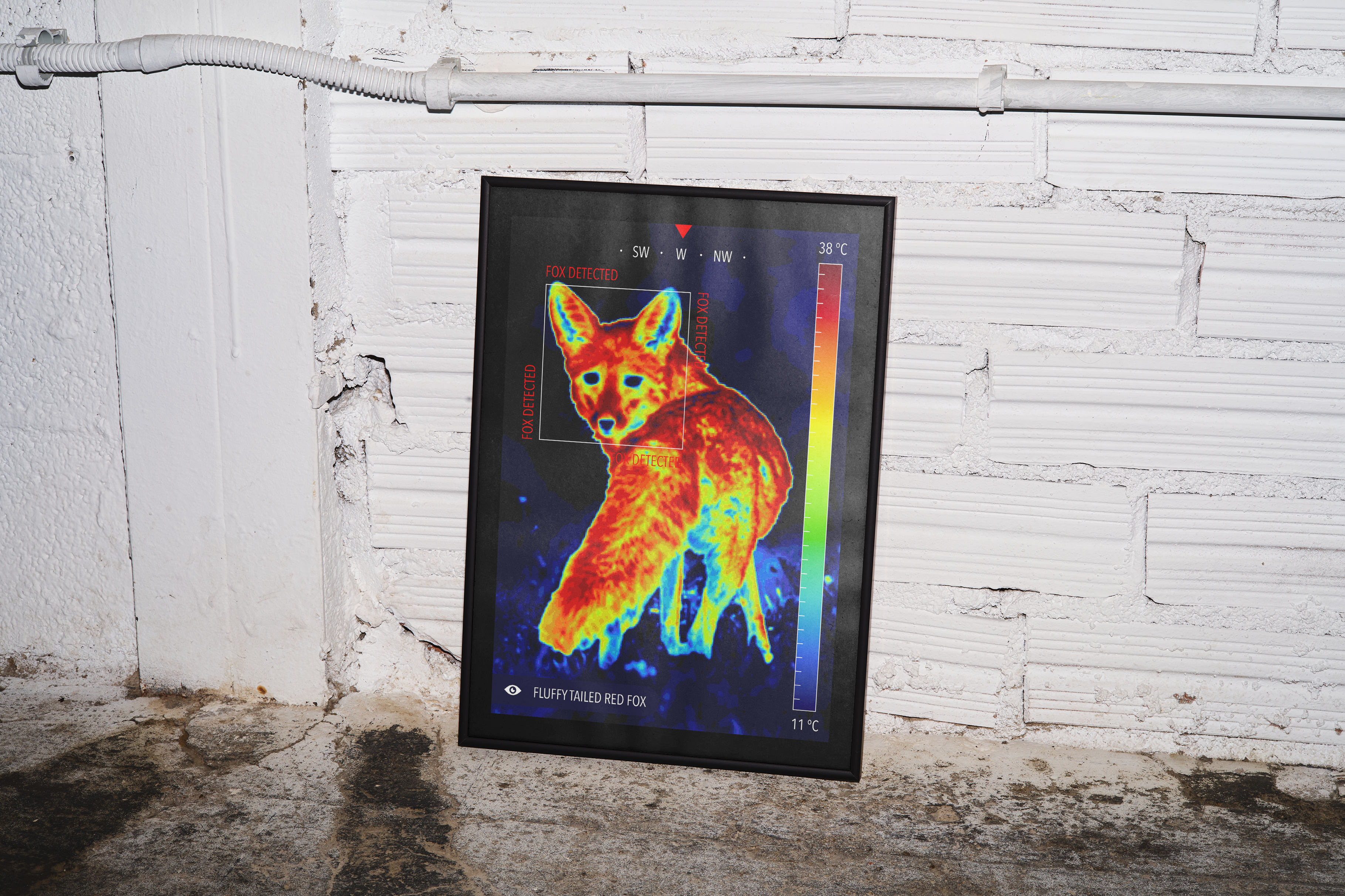 A black-framed poster with a vibrant thermal image graphic of a Fluffy Tailed Red Fox in warm colors, leaning against a white brick wall on a concrete floor in a dark garage setting.
