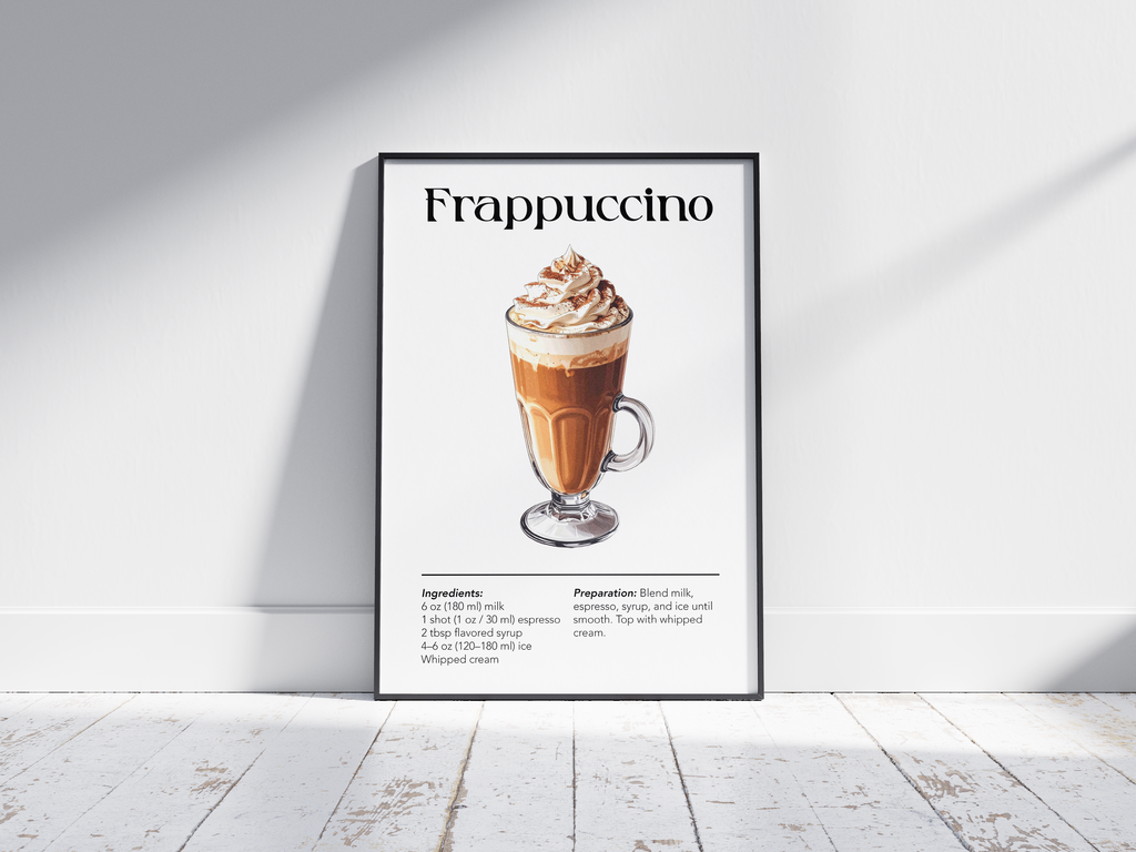Minimalist Frappuccino coffee art poster featuring a detailed illustration of the blended drink with its recipe, printed on semi-gloss sustainable paper. Perfect wall art for kitchens, coffee bars, or modern interiors with a sweet and inviting aesthetic.