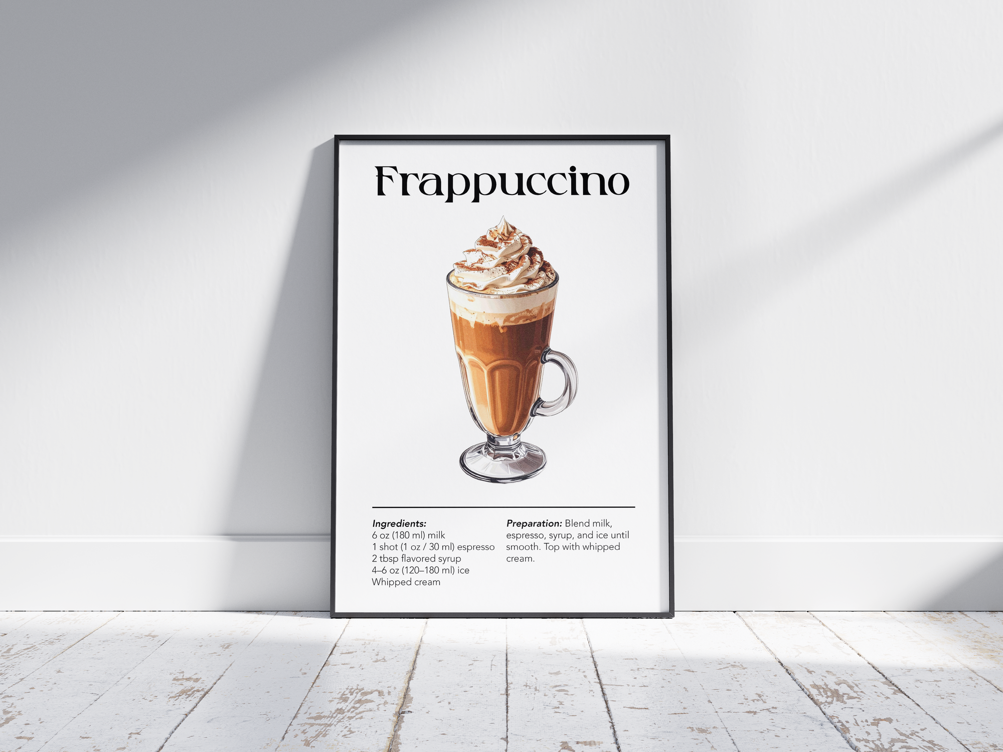 Minimalist Frappuccino coffee art poster featuring a detailed illustration of the blended drink with its recipe, printed on semi-gloss sustainable paper. Perfect wall art for kitchens, coffee bars, or modern interiors with a sweet and inviting aesthetic.