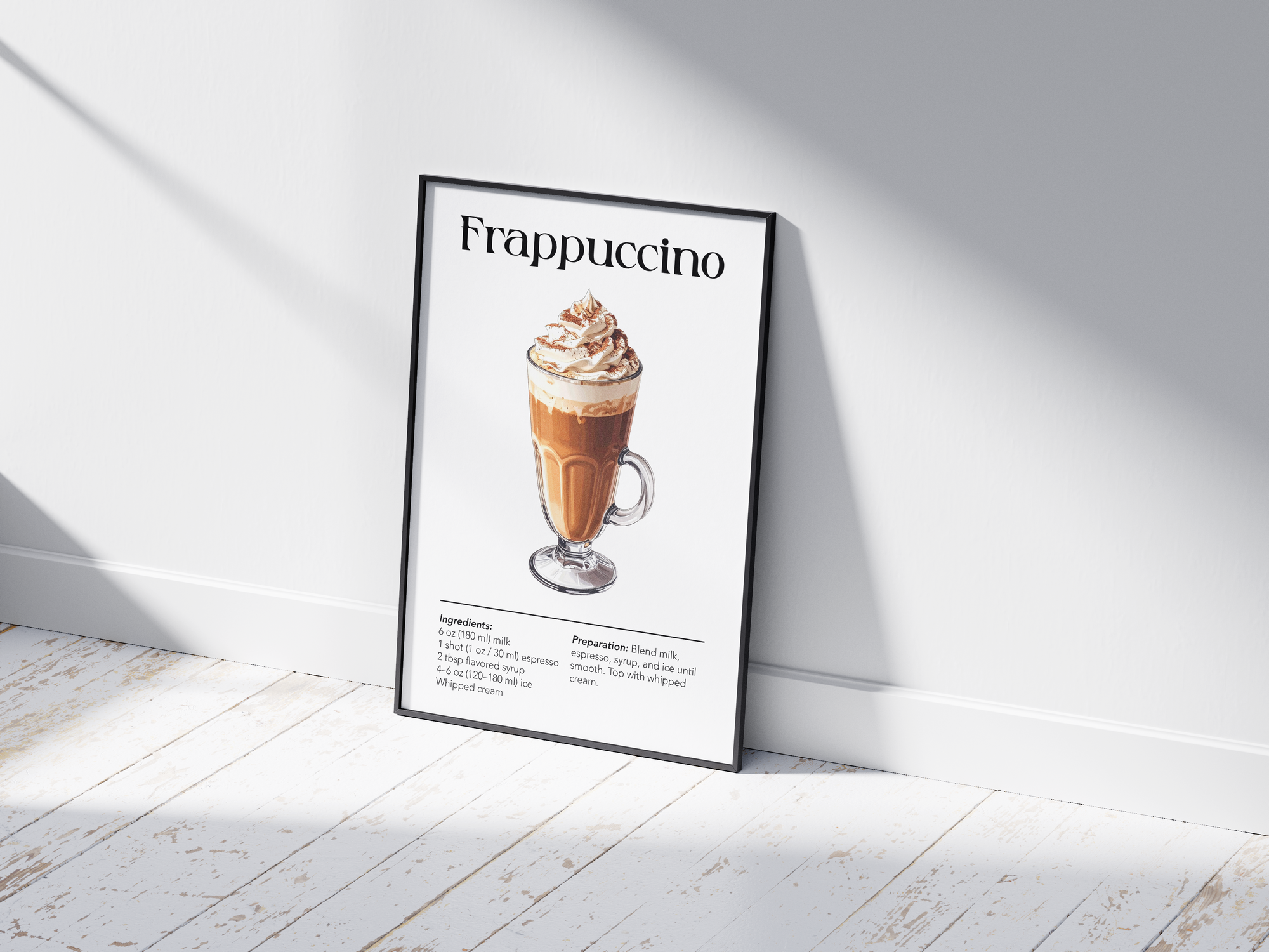 Minimalist Frappuccino coffee art poster featuring a detailed illustration of the blended drink with its recipe, printed on semi-gloss sustainable paper. Perfect wall art for kitchens, coffee bars, or modern interiors with a sweet and inviting aesthetic.