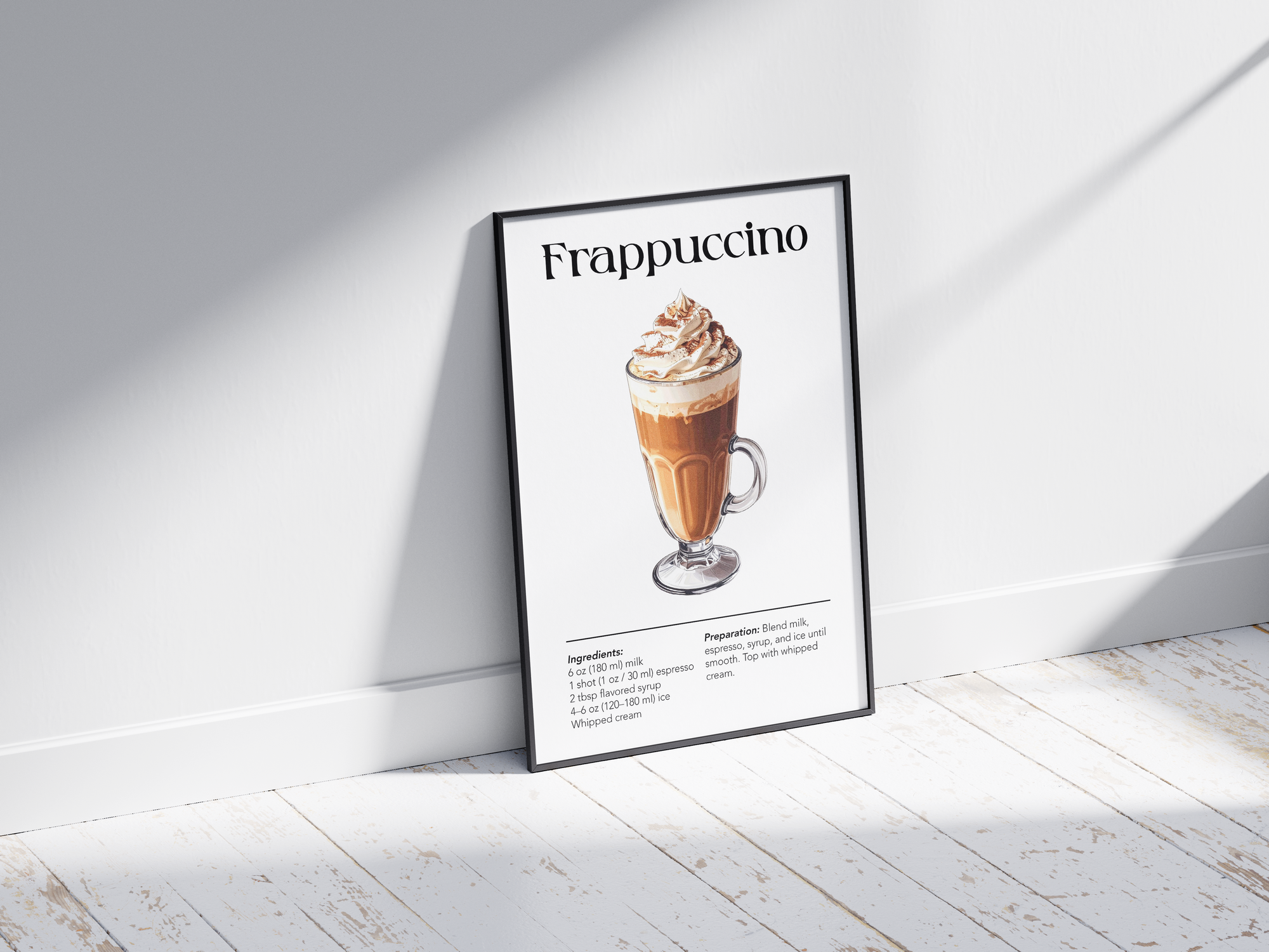 Minimalist Frappuccino coffee art poster featuring a detailed illustration of the blended drink with its recipe, printed on semi-gloss sustainable paper. Perfect wall art for kitchens, coffee bars, or modern interiors with a sweet and inviting aesthetic.