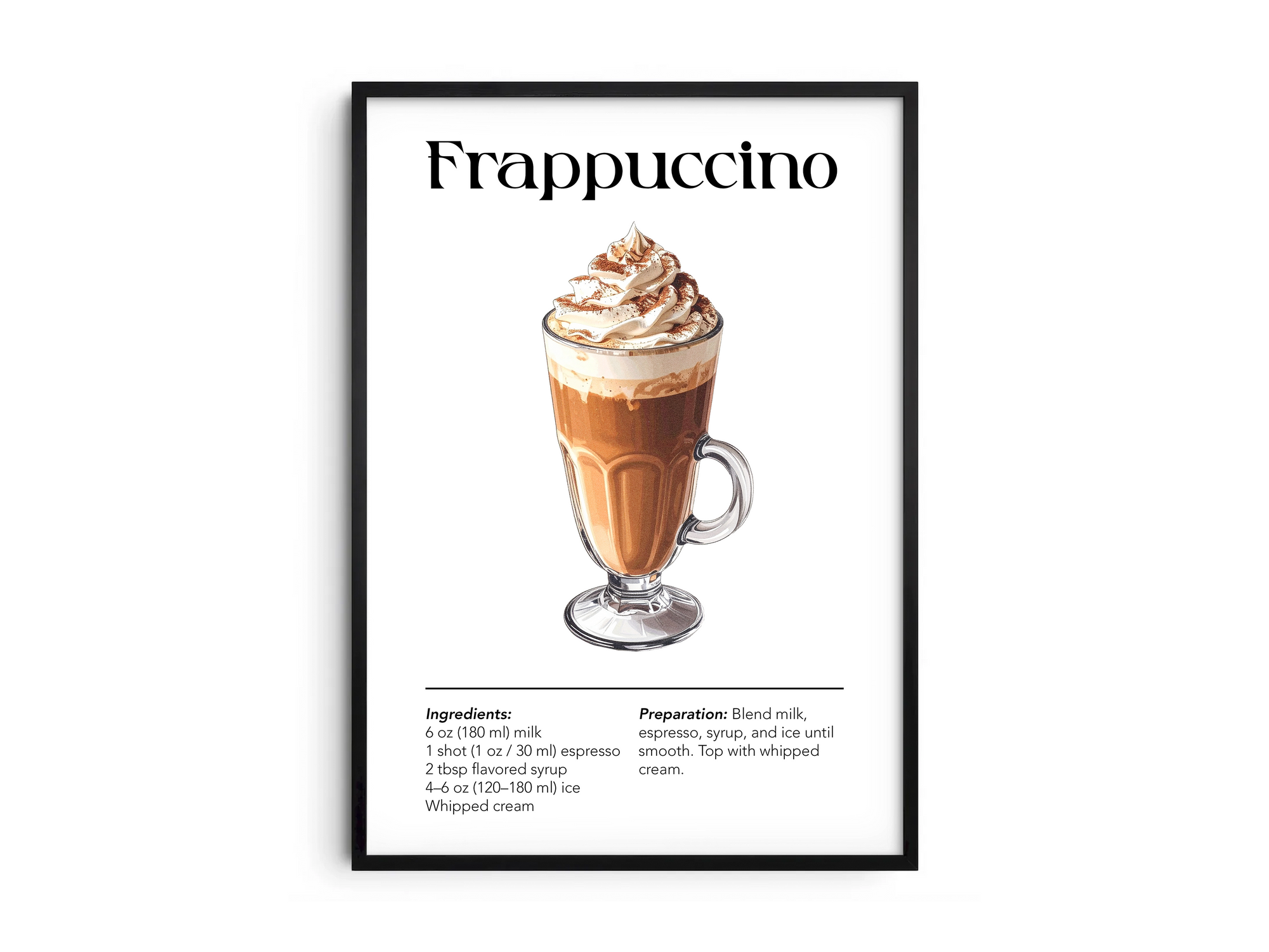 Minimalist Frappuccino coffee art poster featuring a detailed illustration of the blended drink with its recipe, printed on semi-gloss sustainable paper. Perfect wall art for kitchens, coffee bars, or modern interiors with a sweet and inviting aesthetic.
