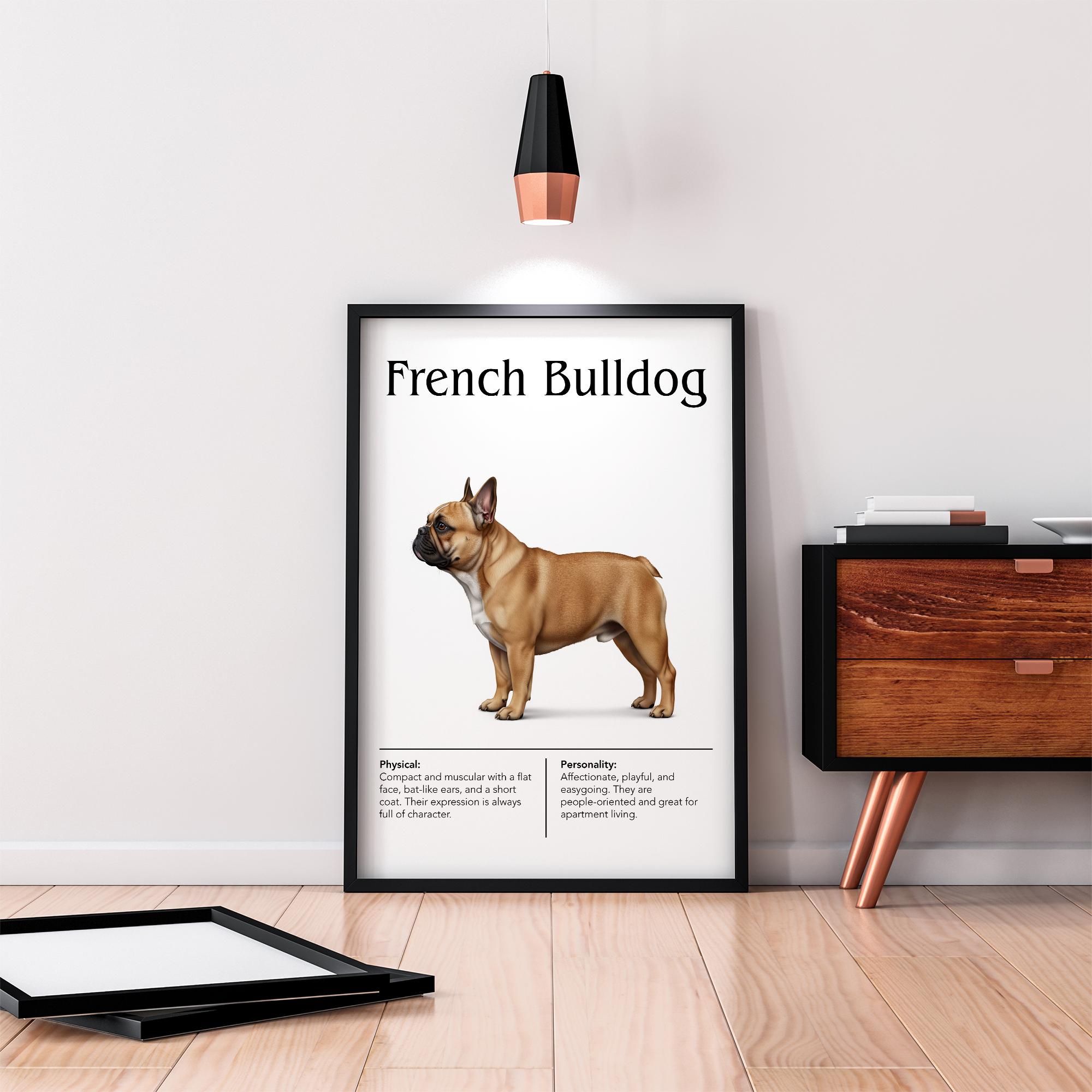 A black-framed poster of a fawn French Bulldog, resting on a light wooden floor next to a dark wood cabinet with copper accents.