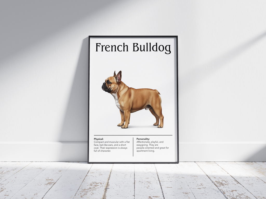 Detailed French Bulldog dog breed poster showcasing its unique features and charming, playful personality traits, printed on semi-gloss sustainable paper. Perfect wall art for living rooms, apartments, or modern interiors with a quirky and affectionate aesthetic.