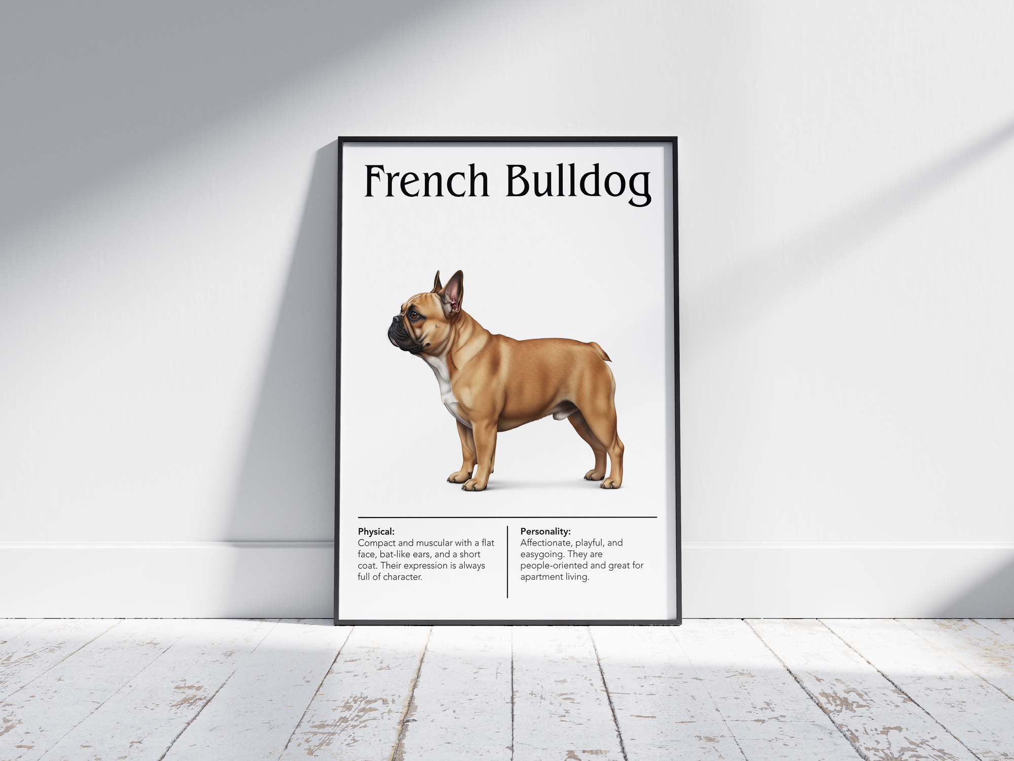 Detailed French Bulldog dog breed poster showcasing its unique features and charming, playful personality traits, printed on semi-gloss sustainable paper. Perfect wall art for living rooms, apartments, or modern interiors with a quirky and affectionate aesthetic.