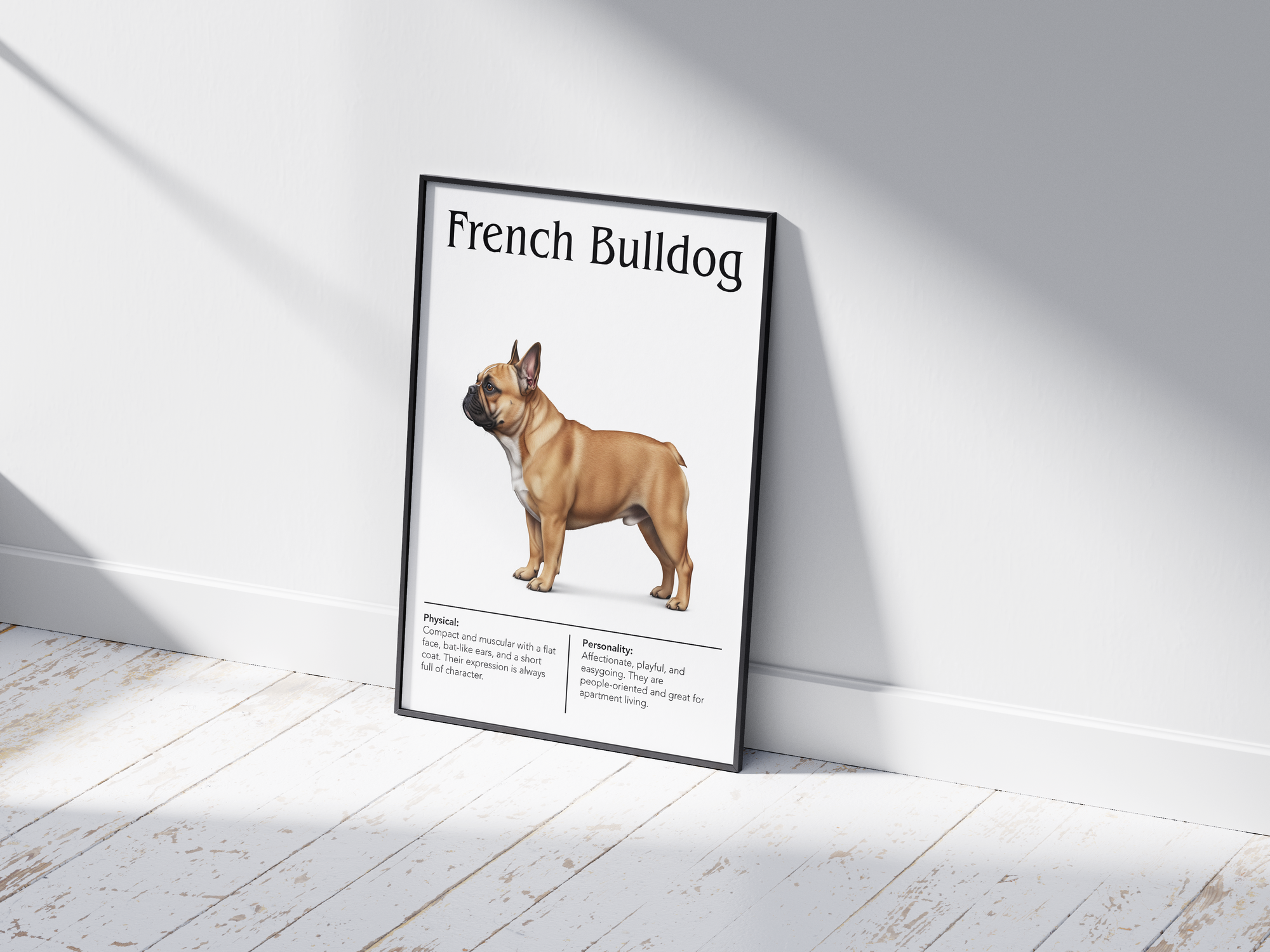 Detailed French Bulldog dog breed poster showcasing its unique features and charming, playful personality traits, printed on semi-gloss sustainable paper. Perfect wall art for living rooms, apartments, or modern interiors with a quirky and affectionate aesthetic.