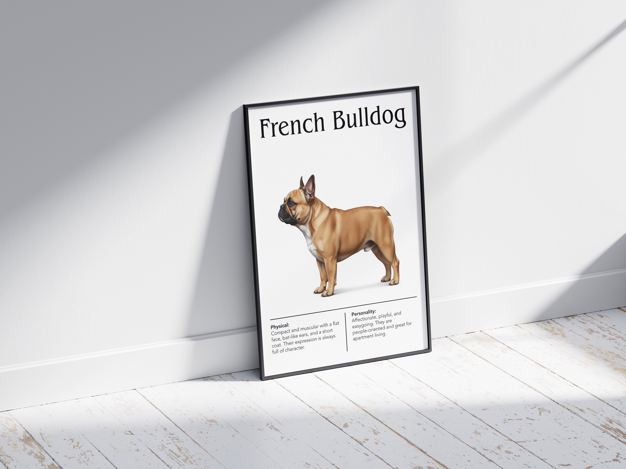 Detailed French Bulldog dog breed poster showcasing its unique features and charming, playful personality traits, printed on semi-gloss sustainable paper. Perfect wall art for living rooms, apartments, or modern interiors with a quirky and affectionate aesthetic.