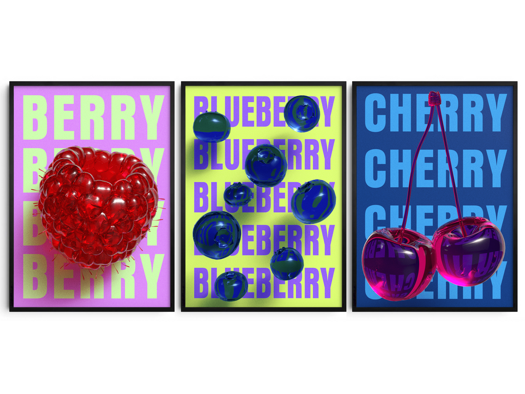 A vibrant collection photo showcasing three pop art posters with 3D effects and glass textures: glossy red cherries on blue, blue blueberries on yellow, and a striking red raspberry on purple, all featuring a modern and colorful design.
