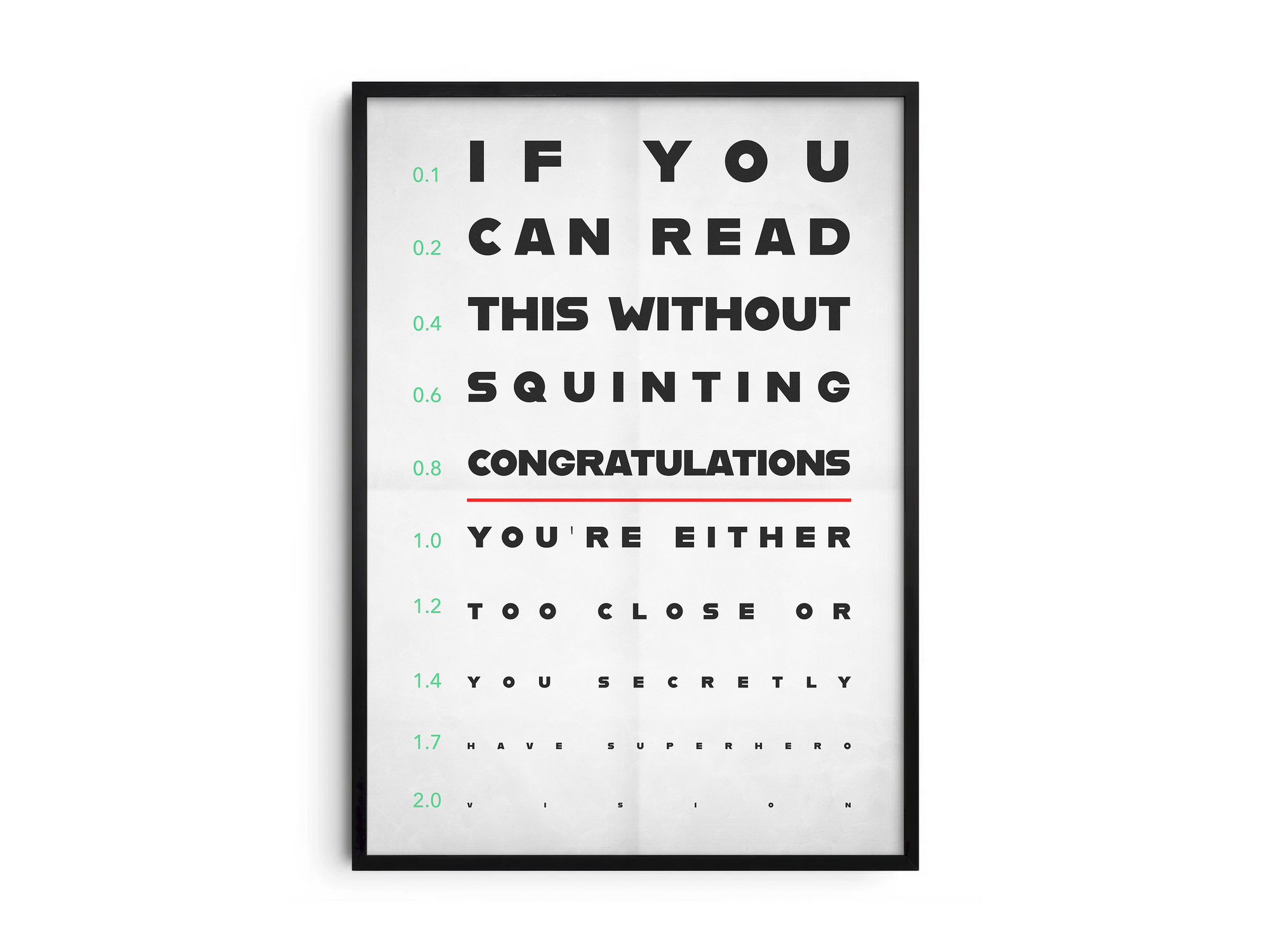 Minimalist humorous eye chart poster with a funny quote about superhero vision, printed on semi-gloss, sustainable paper. Perfect wall art for offices, living rooms, or modern interiors with a playful and stylish aesthetic.