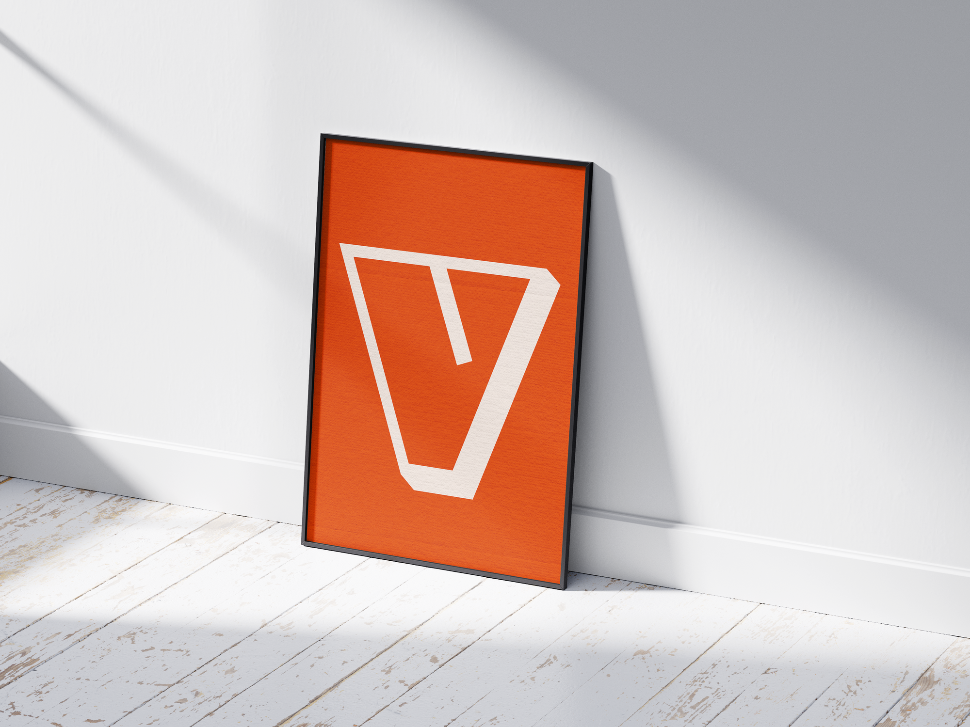 Bold and futuristic graphic alphabet letter V poster, featuring a crisp white angular 'V' outline on a rich burnt orange background. Perfect modern wall art for offices, design studios, or gallery walls with a sharp, graphic, and contemporary aesthetic.