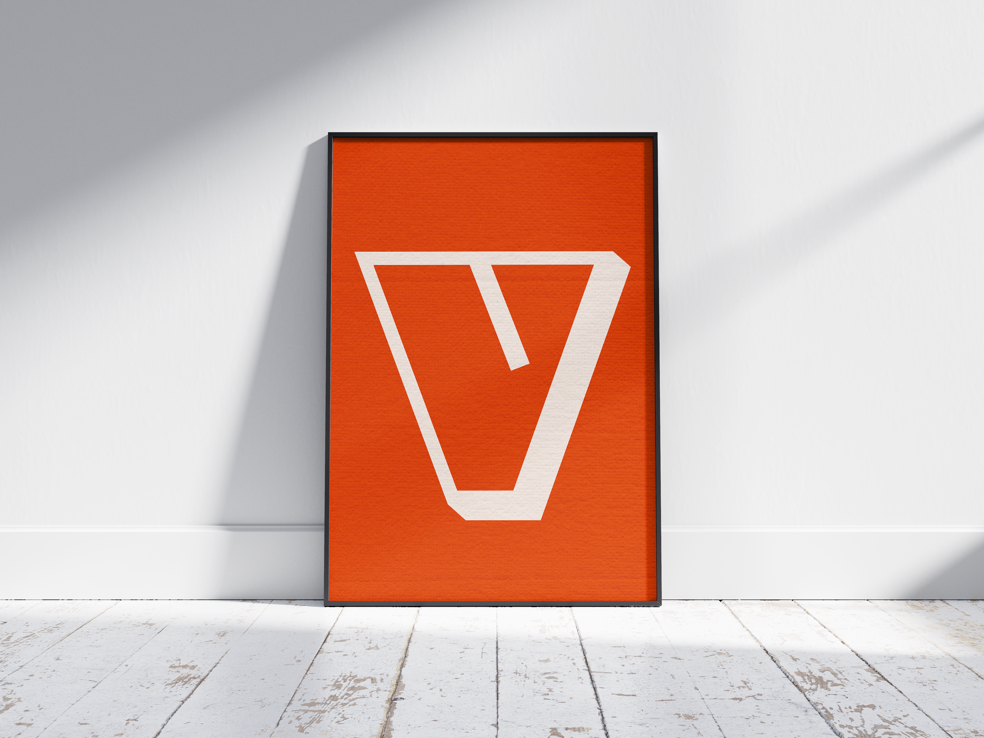 Bold and futuristic graphic alphabet letter V poster, featuring a crisp white angular 'V' outline on a rich burnt orange background. Perfect modern wall art for offices, design studios, or gallery walls with a sharp, graphic, and contemporary aesthetic.