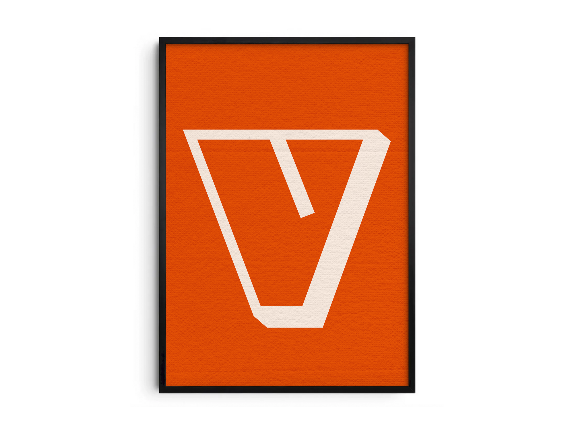 Bold and futuristic graphic alphabet letter V poster, featuring a crisp white angular 'V' outline on a rich burnt orange background. Perfect modern wall art for offices, design studios, or gallery walls with a sharp, graphic, and contemporary aesthetic.