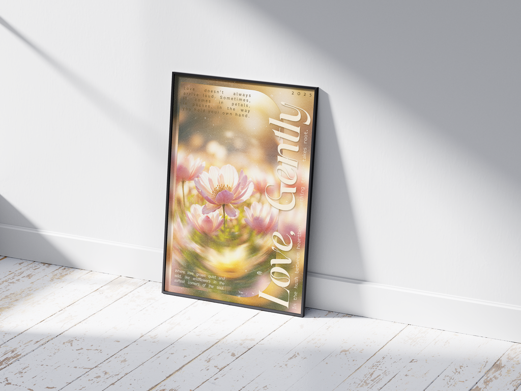 Soft pink floral poster featuring a dreamy, vintage-style image of water-kissed flowers and a gentle 'Love Gently' quote. Printed on semi-gloss paper, this emotional wall art is perfect for bedrooms, living rooms, or any modern interior seeking a calm, self-care aesthetic.