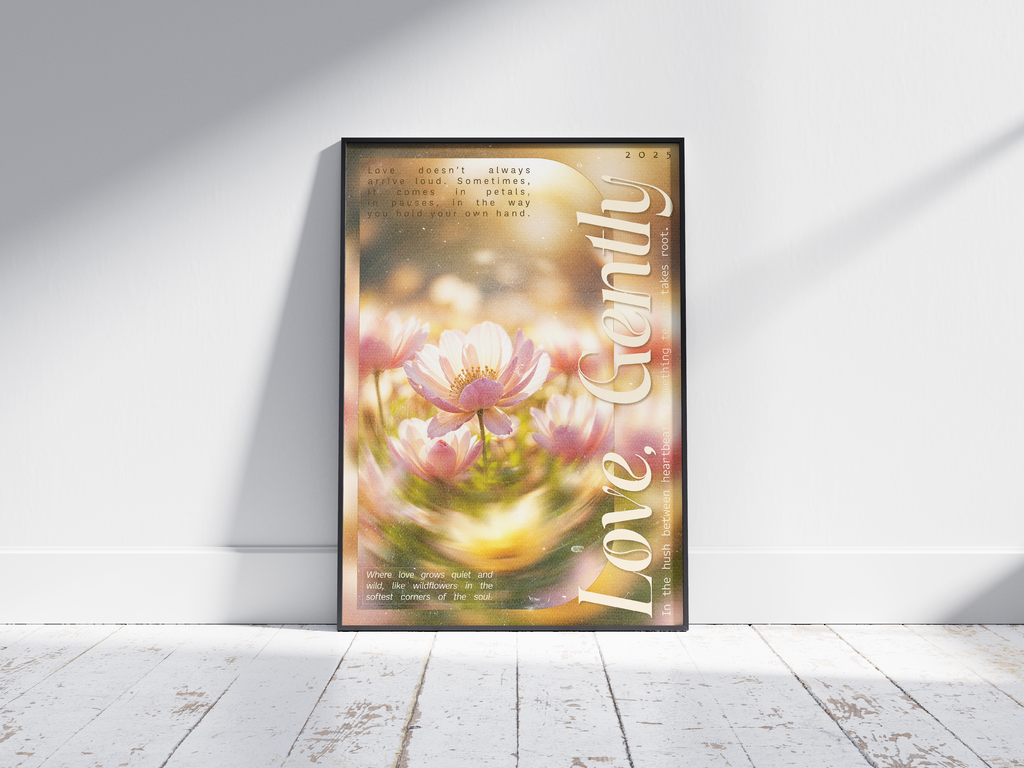 Soft pink floral poster featuring a dreamy, vintage-style image of water-kissed flowers and a gentle 'Love Gently' quote. Printed on semi-gloss paper, this emotional wall art is perfect for bedrooms, living rooms, or any modern interior seeking a calm, self-care aesthetic.