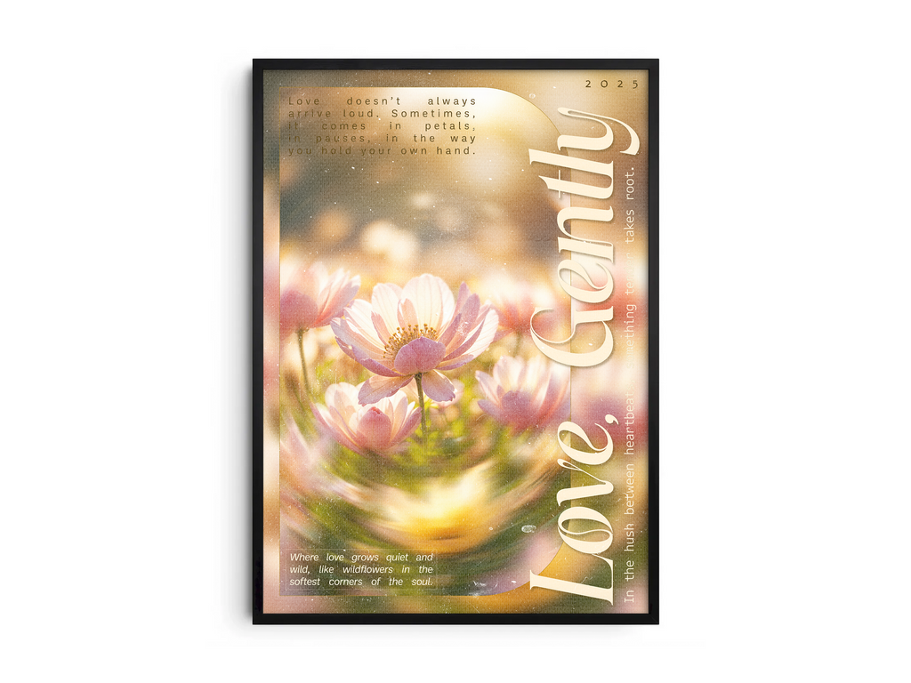 Soft pink floral poster featuring a dreamy, vintage-style image of water-kissed flowers and a gentle 'Love Gently' quote. Printed on semi-gloss paper, this emotional wall art is perfect for bedrooms, living rooms, or any modern interior seeking a calm, self-care aesthetic.