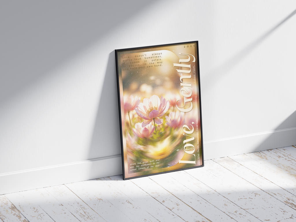 Soft pink floral poster featuring a dreamy, vintage-style image of water-kissed flowers and a gentle 'Love Gently' quote. Printed on semi-gloss paper, this emotional wall art is perfect for bedrooms, living rooms, or any modern interior seeking a calm, self-care aesthetic.