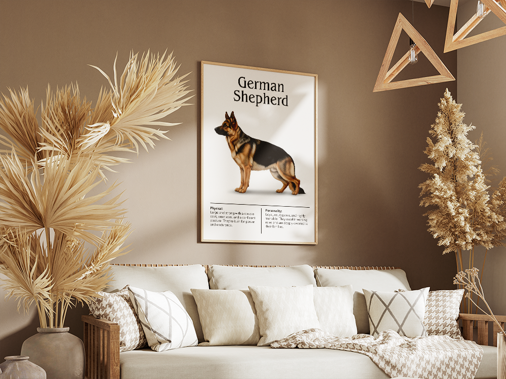 A sophisticated art print featuring a detailed illustration of a German Shepherd dog, complete with its physical and personality attributes listed below. Ideal for dog lovers or adding a rustic, natural touch to a living space. The framed print hangs above a comfortable neutral-toned sofa, surrounded by large decorative dried pampas grass and rattan-style lighting, emphasizing a cozy, bohemian aesthetic.