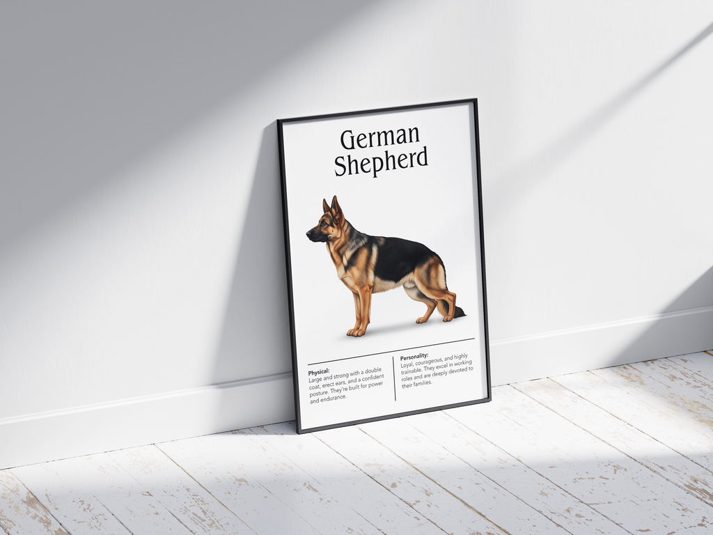 Detailed German Shepherd dog breed poster showcasing its strong physique and intelligent, loyal personality traits, printed on semi-gloss sustainable paper. Perfect wall art for studies, living rooms, or modern interiors with a dignified and powerful aesthetic.