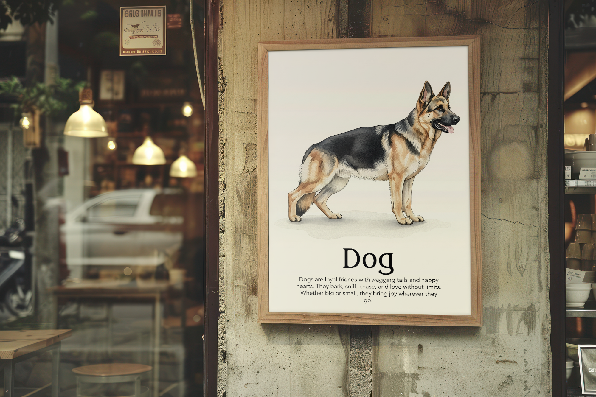 A framed poster featuring a German Shepherd illustration with text, "Dog," hanging on a textured wall next to a glass cafe window.