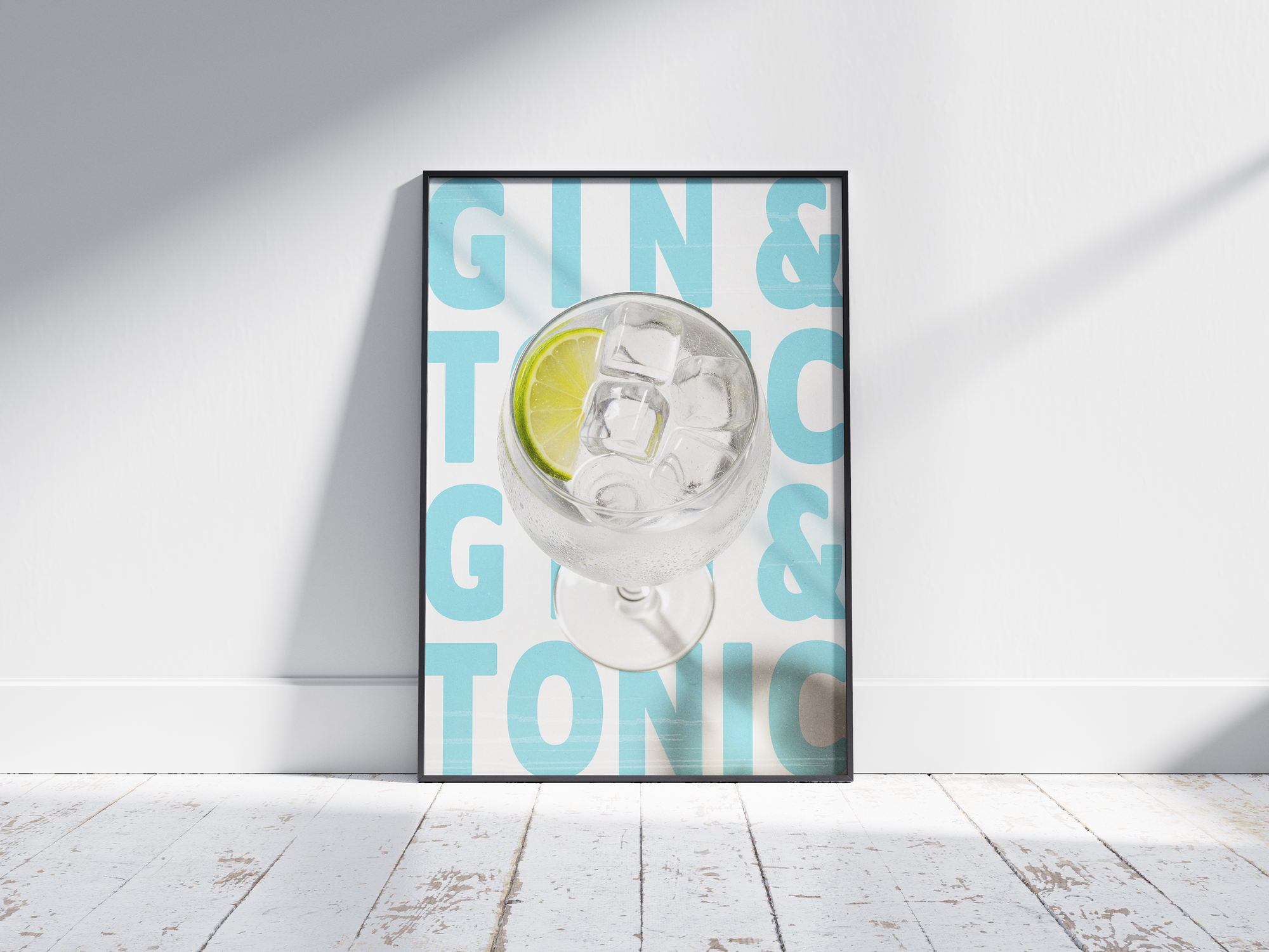 Classic Gin & Tonic cocktail poster featuring sophisticated typography and a refreshing drink illustration, printed on semi-gloss sustainable paper. Perfect wall art for kitchens, bar areas, or modern interiors with a clean and vibrant aesthetic.