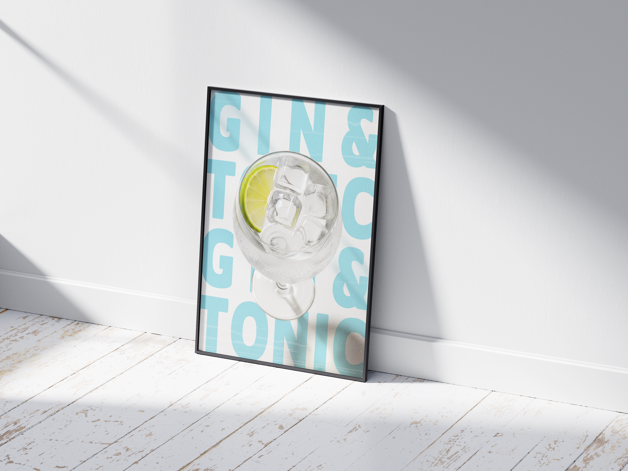 Classic Gin & Tonic cocktail poster featuring sophisticated typography and a refreshing drink illustration, printed on semi-gloss sustainable paper. Perfect wall art for kitchens, bar areas, or modern interiors with a clean and vibrant aesthetic.