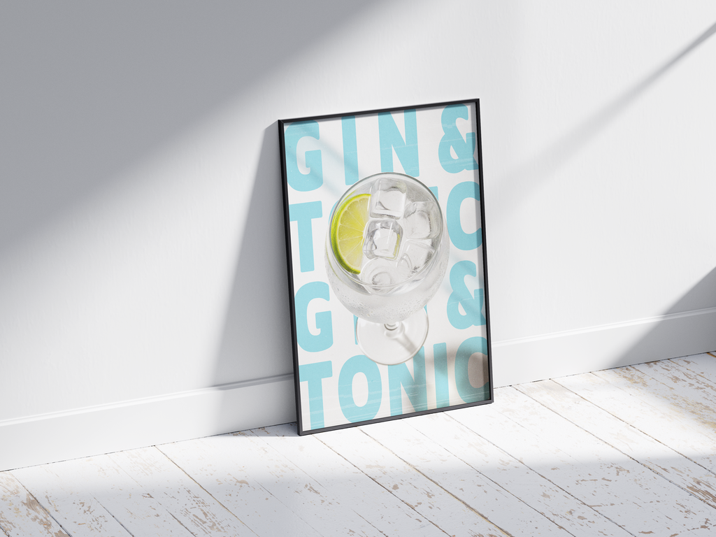 Classic Gin & Tonic cocktail poster featuring sophisticated typography and a refreshing drink illustration, printed on semi-gloss sustainable paper. Perfect wall art for kitchens, bar areas, or modern interiors with a clean and vibrant aesthetic.