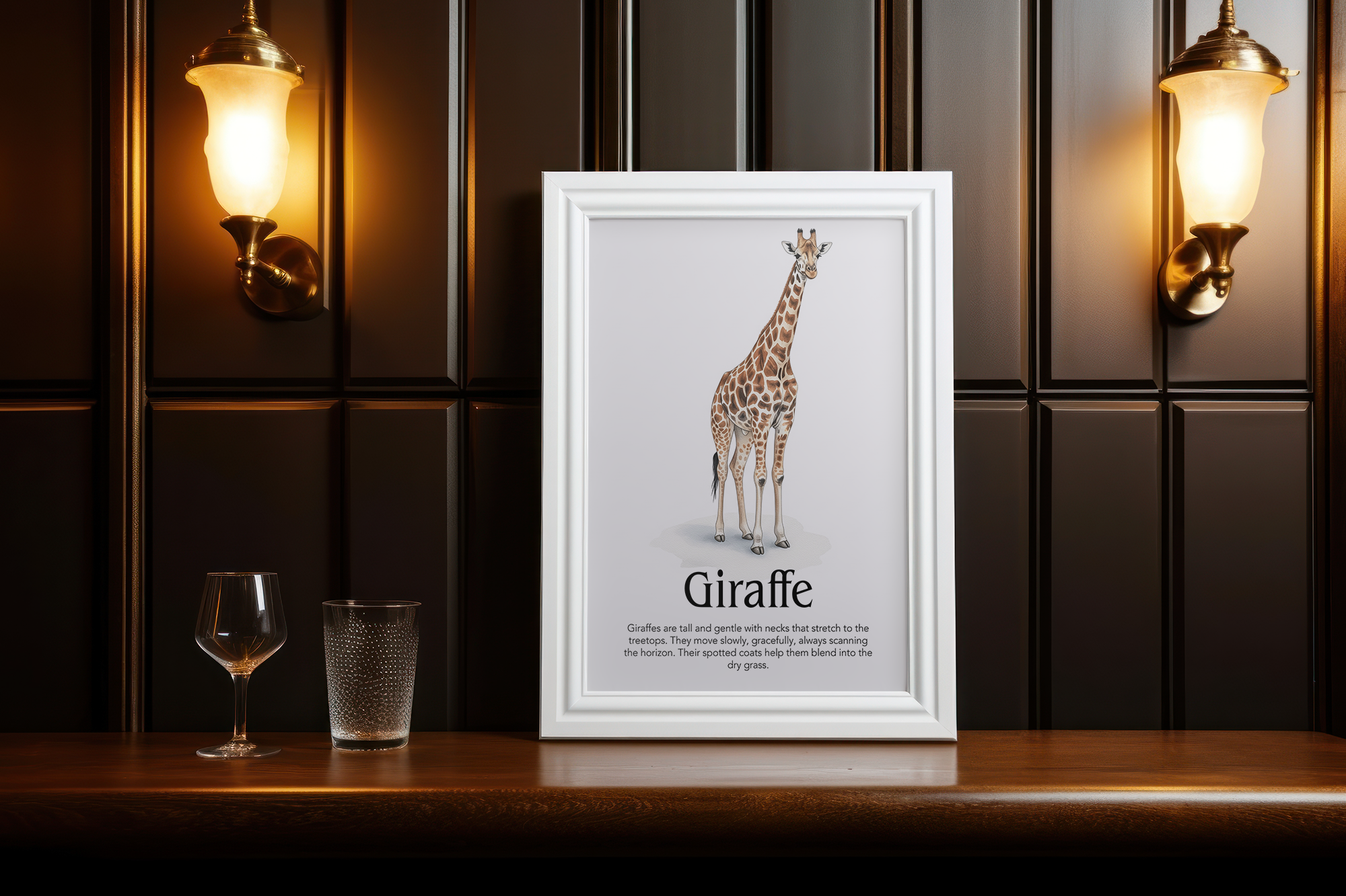 A framed poster of a Giraffe illustration with text, "Giraffe," sitting on a dark wooden surface between two classic wall sconces in a dimly lit, richly paneled room.