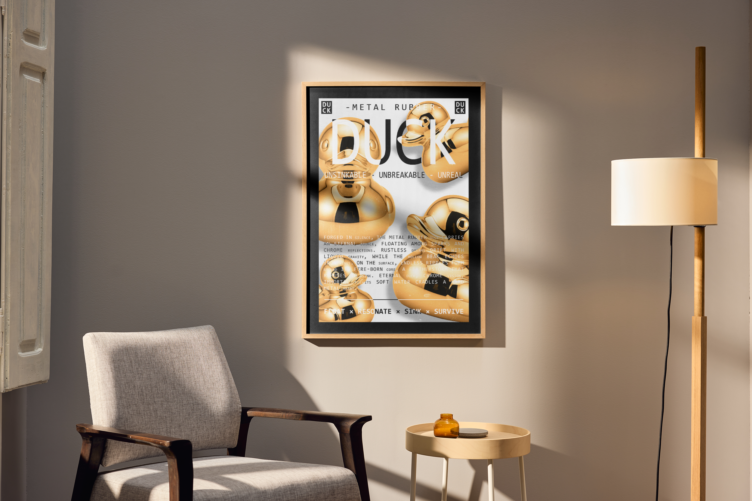 A wood-framed poster featuring multiple glossy, gold chrome rubber ducks and overlapping text, hanging on a warm gray wall in a living space, next to a modern armchair and a tall floor lamp.