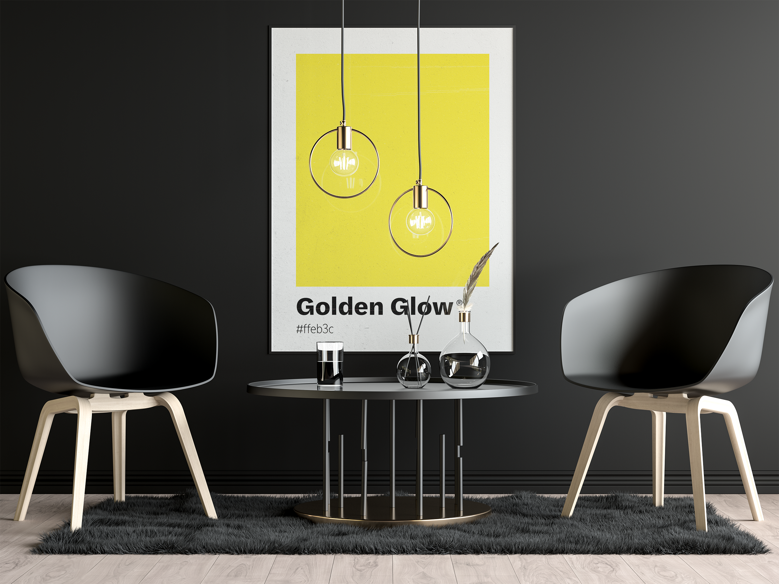 A large poster featuring a block of bright yellow labeled "Golden Glow," with two hanging pendant lights casting shadows, centered between two black and wood chairs in a dark, modern setting.