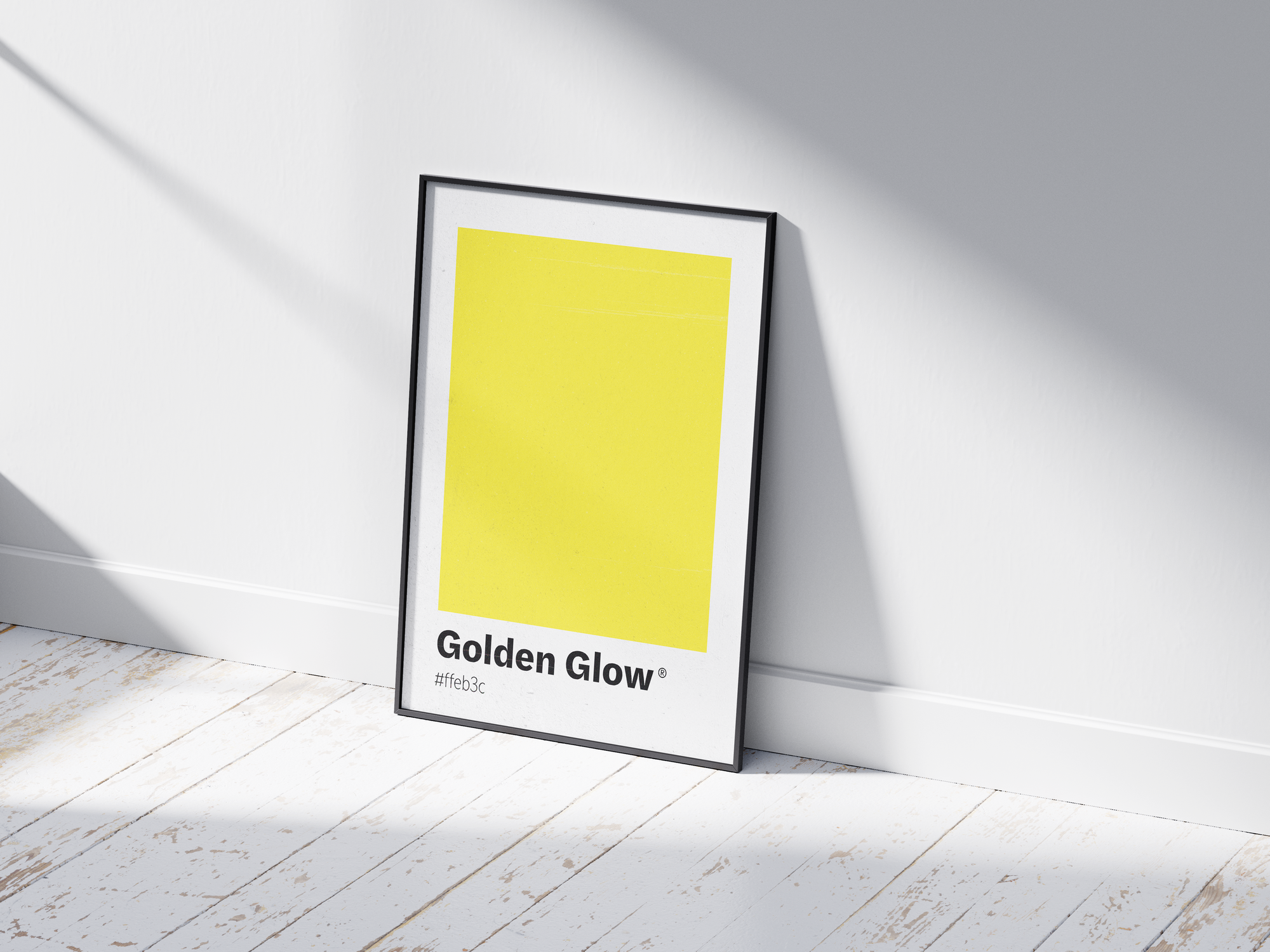 Minimalist yellow color swatch poster featuring the unique shade "Golden Glow" with its hexadecimal code #ffeb3c. This modern art print is ideal for adding a sophisticated and vibrant touch to contemporary interiors, kitchens, or gallery walls.