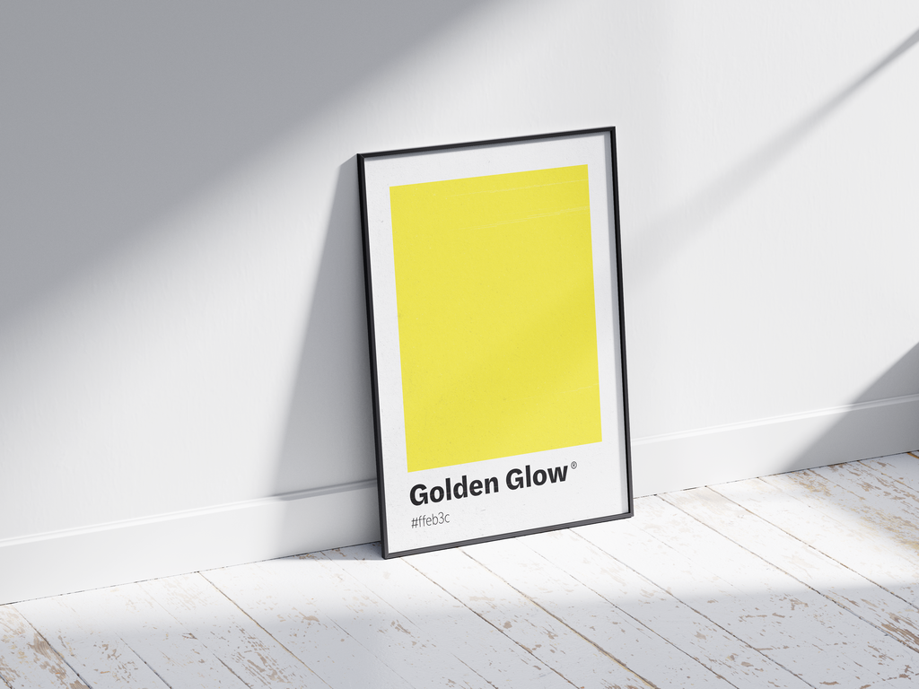 Minimalist yellow color swatch poster featuring the unique shade "Golden Glow" with its hexadecimal code #ffeb3c. This modern art print is ideal for adding a sophisticated and vibrant touch to contemporary interiors, kitchens, or gallery walls.