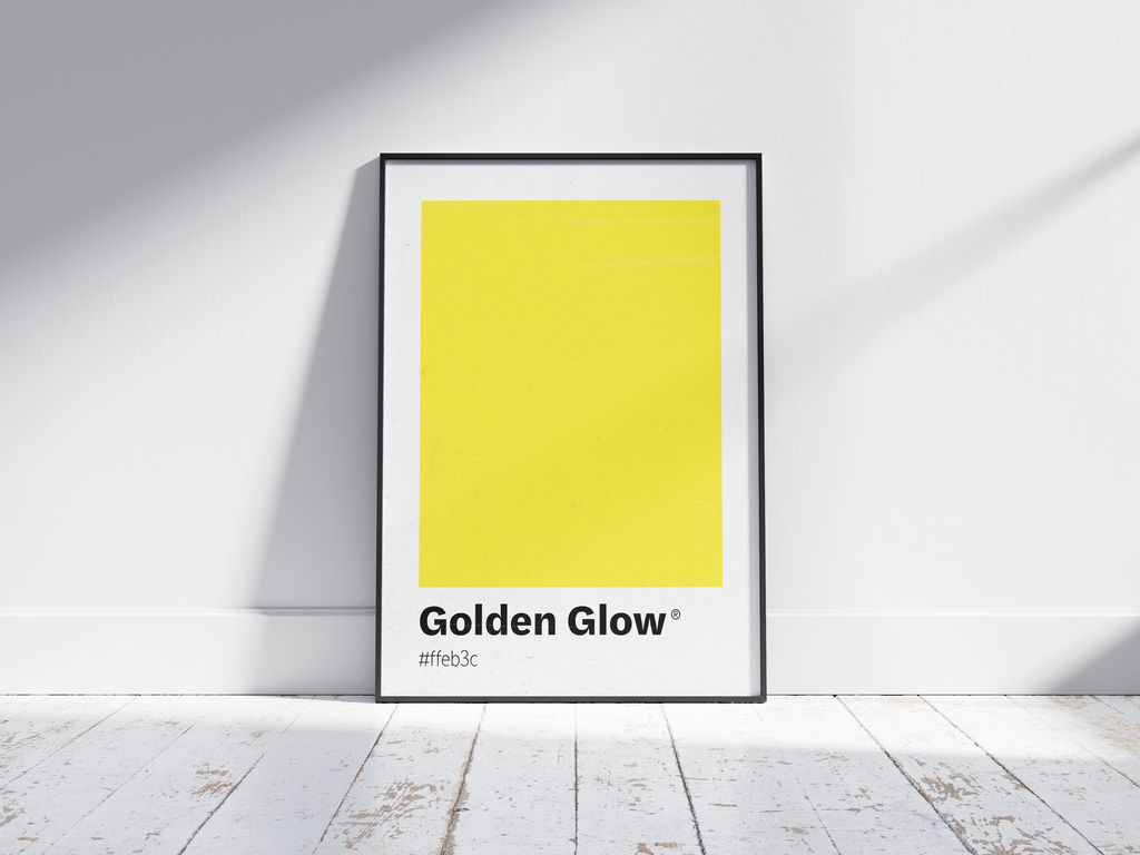 Minimalist yellow color swatch poster featuring the unique shade "Golden Glow" with its hexadecimal code #ffeb3c. This modern art print is ideal for adding a sophisticated and vibrant touch to contemporary interiors, kitchens, or gallery walls.